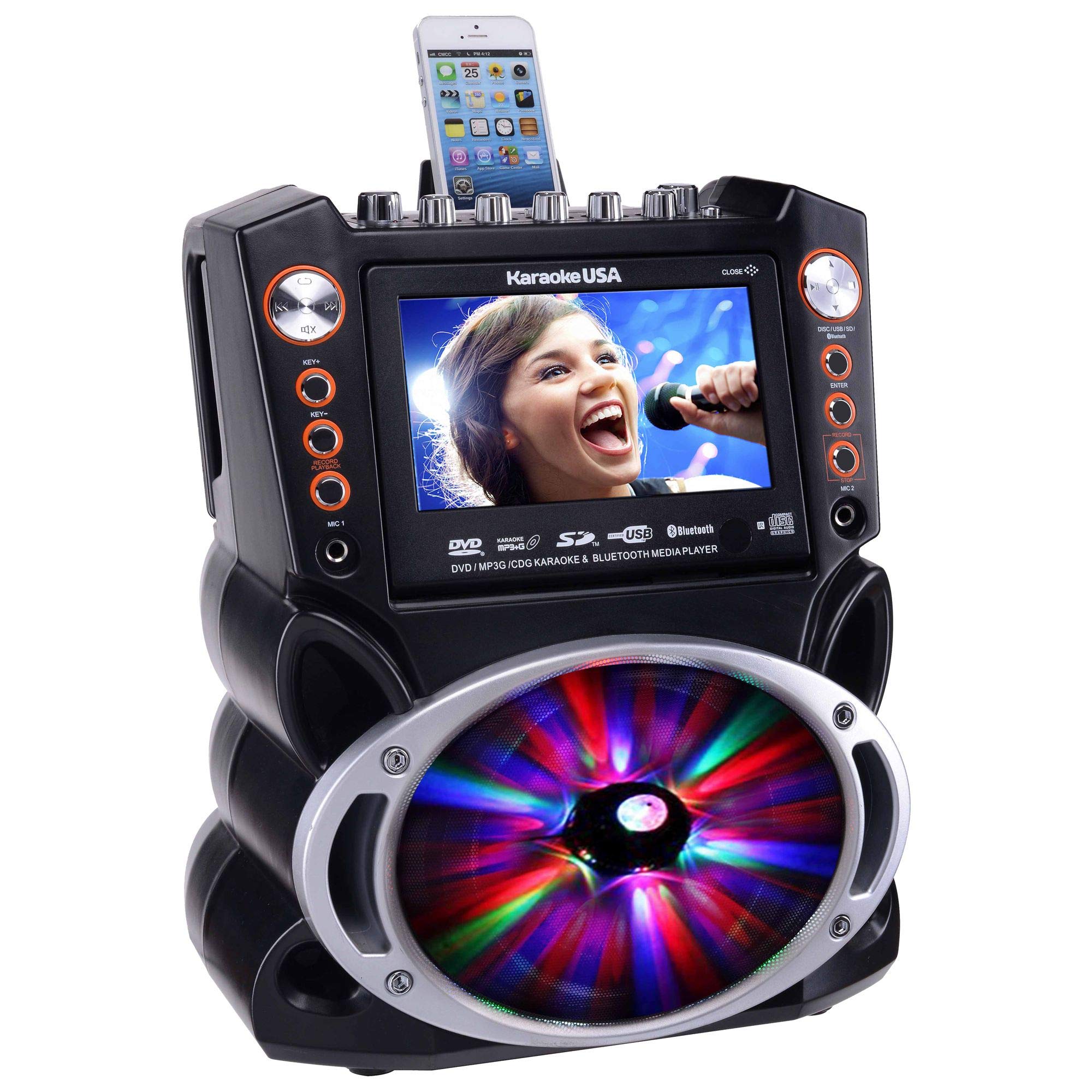 Karaoke USA GF845 Complete Karaoke System with 2 Microphones, Remote Control, 7    Color Display, LED Lights - Works with DVD, B