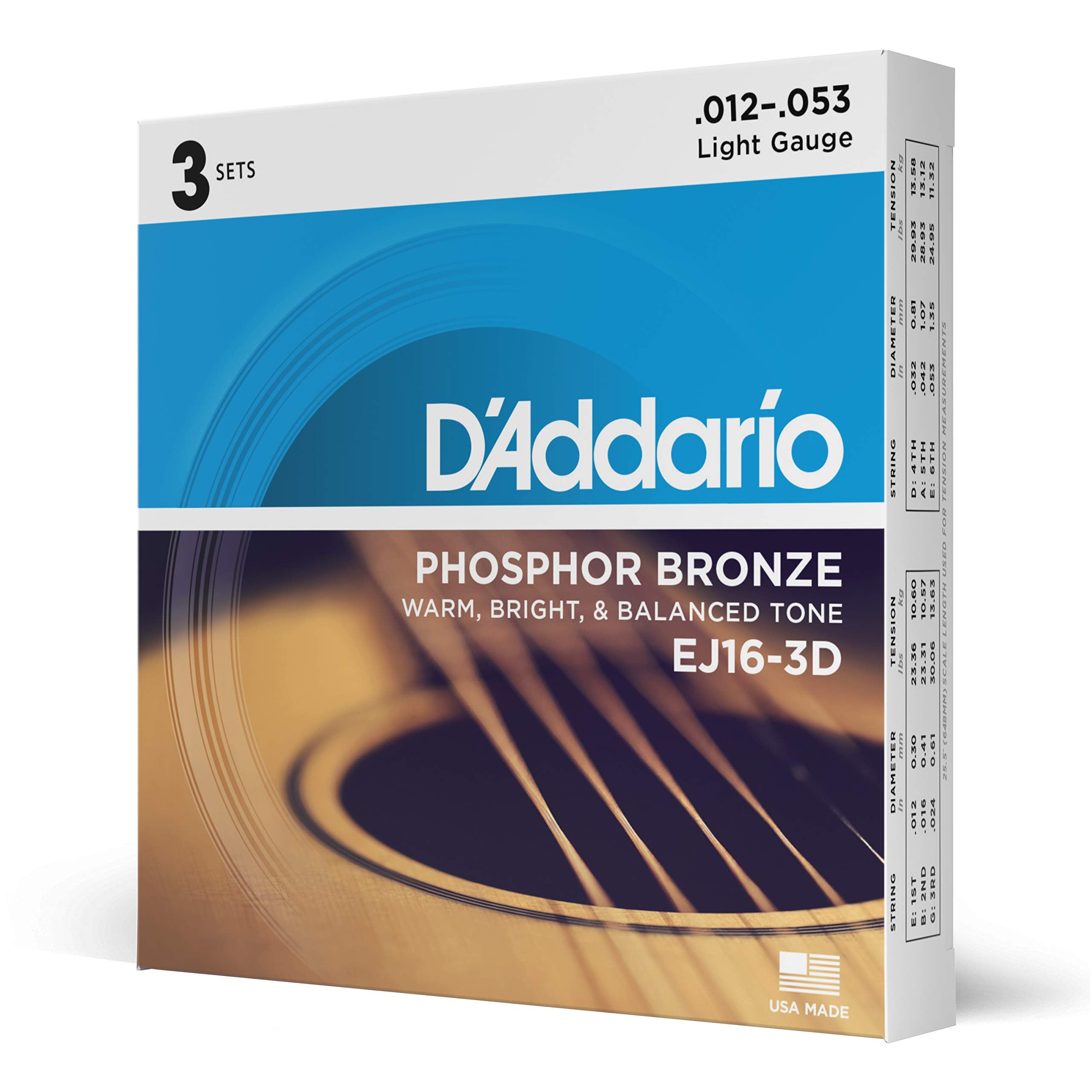 D'Addario Guitar Strings - Phosphor Bronze Acoustic Guitar Strings - Ej16-3D - Rich, Full Tonal Spectrum - For 6 String Guitars