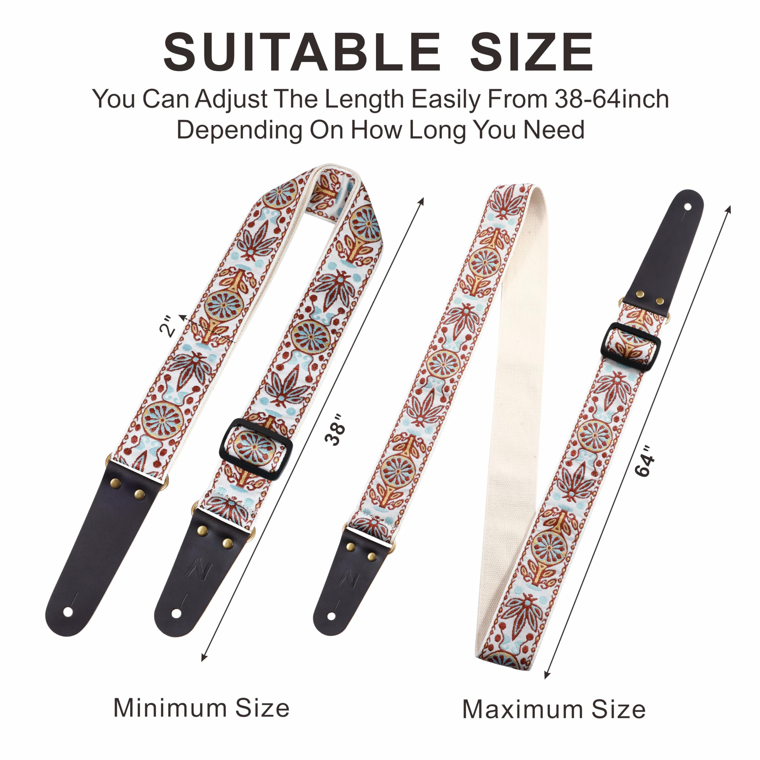 Nefelibata Guitar Strap - Vintage Embroidered Cotton Guitar Straps with Genuine Leather Ends for Bass, Electric & Acoustic Guita
