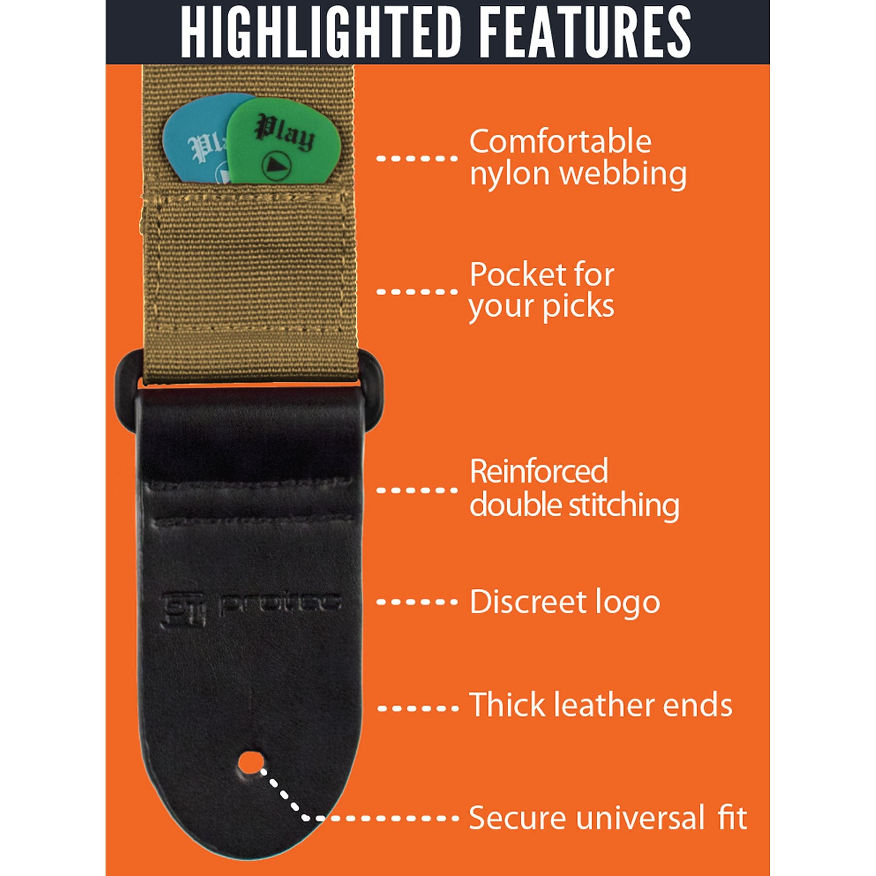 Protec Guitar Strap With Pick Pocket & Leather Ends Abdominal Support (POLYSTTX),Tan
