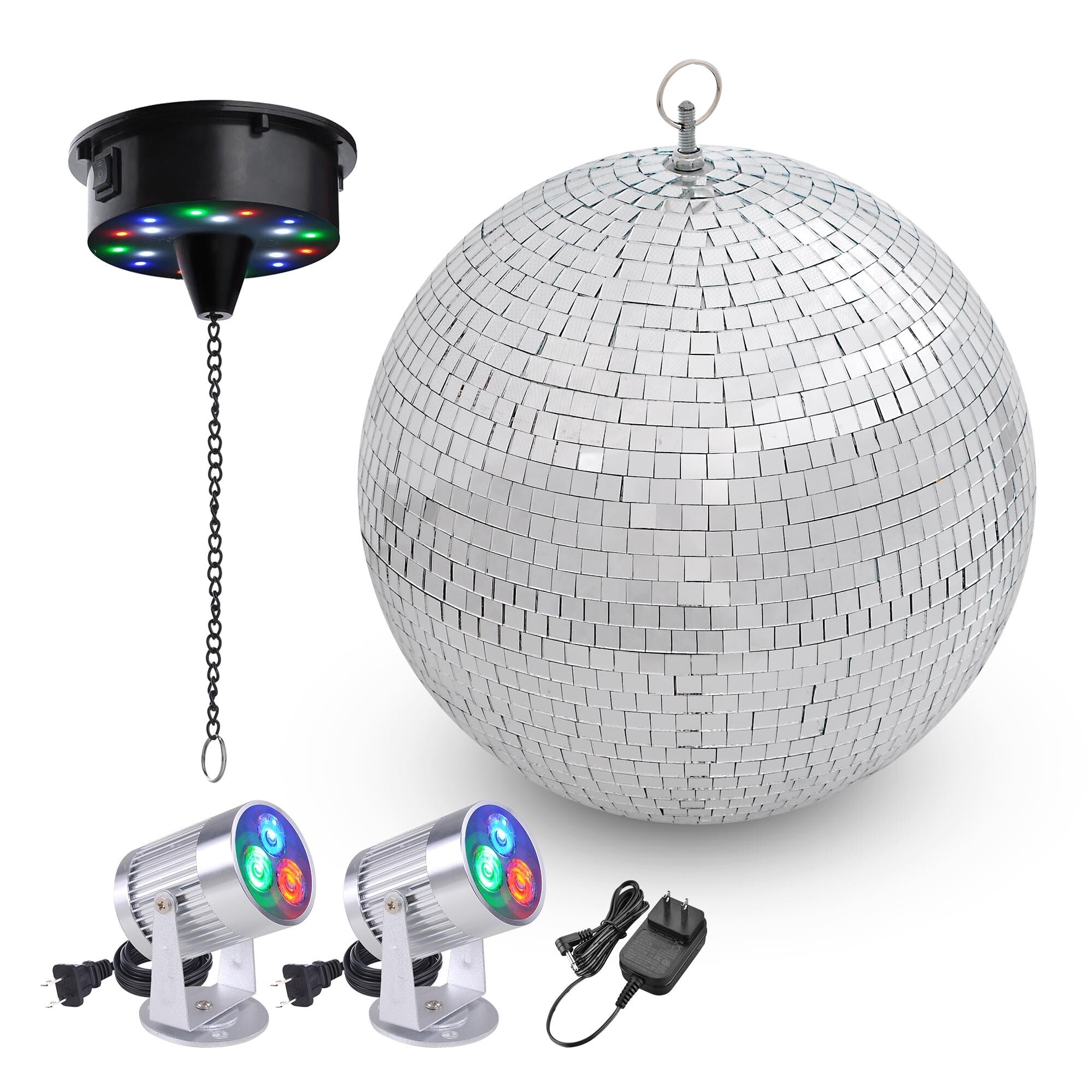 DELight 12 Large Disco Ball with Motor and Lights 6RPM Rotator & 2PCS 3W RGB Spotlights for 70s 80s Party DJ Bands Dance Club Ba