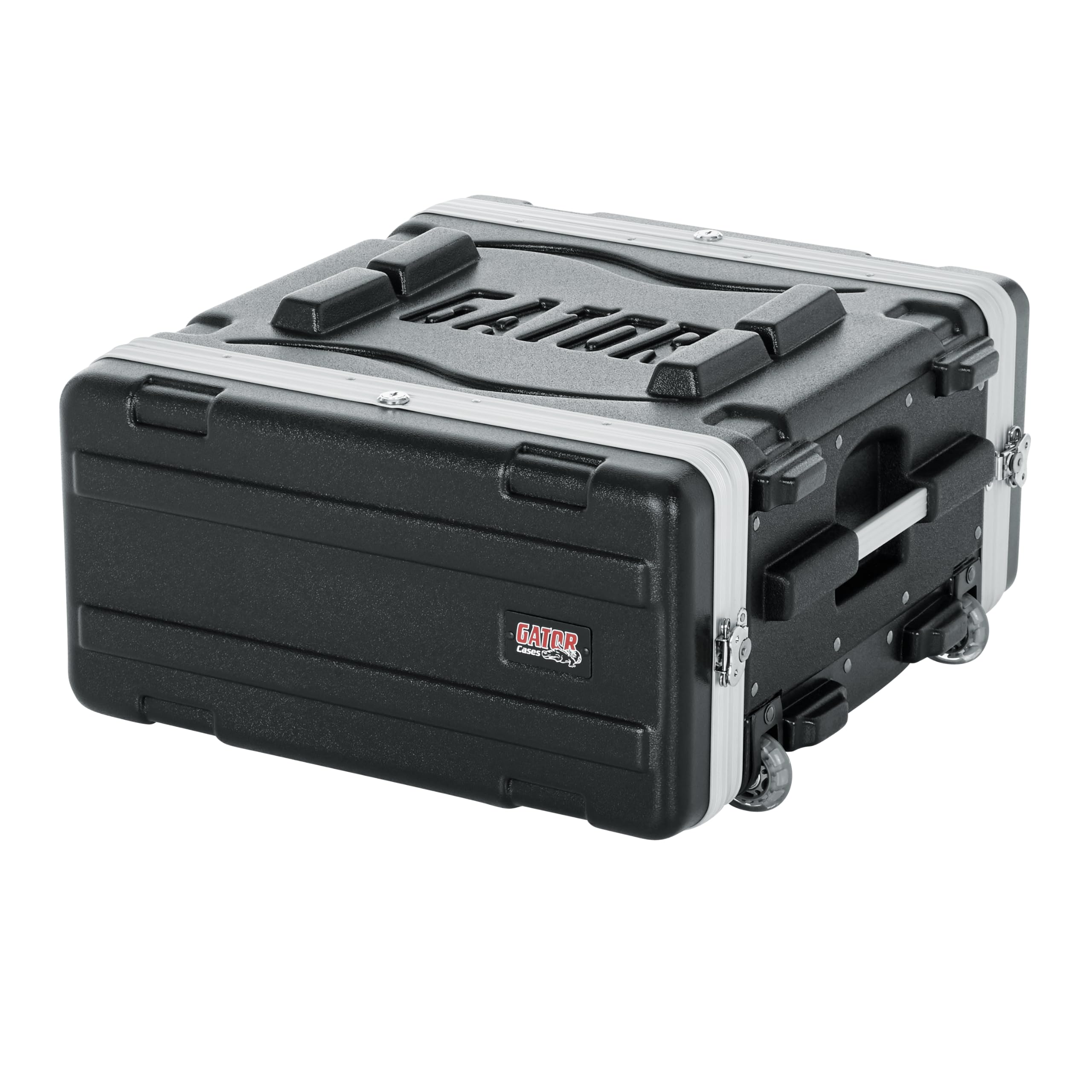 Gator Cases Lightweight Molded 4U Rack Case with Built-in Power Supply, Heavy Duty Latches, Retractable Tow Handle, and Recessed