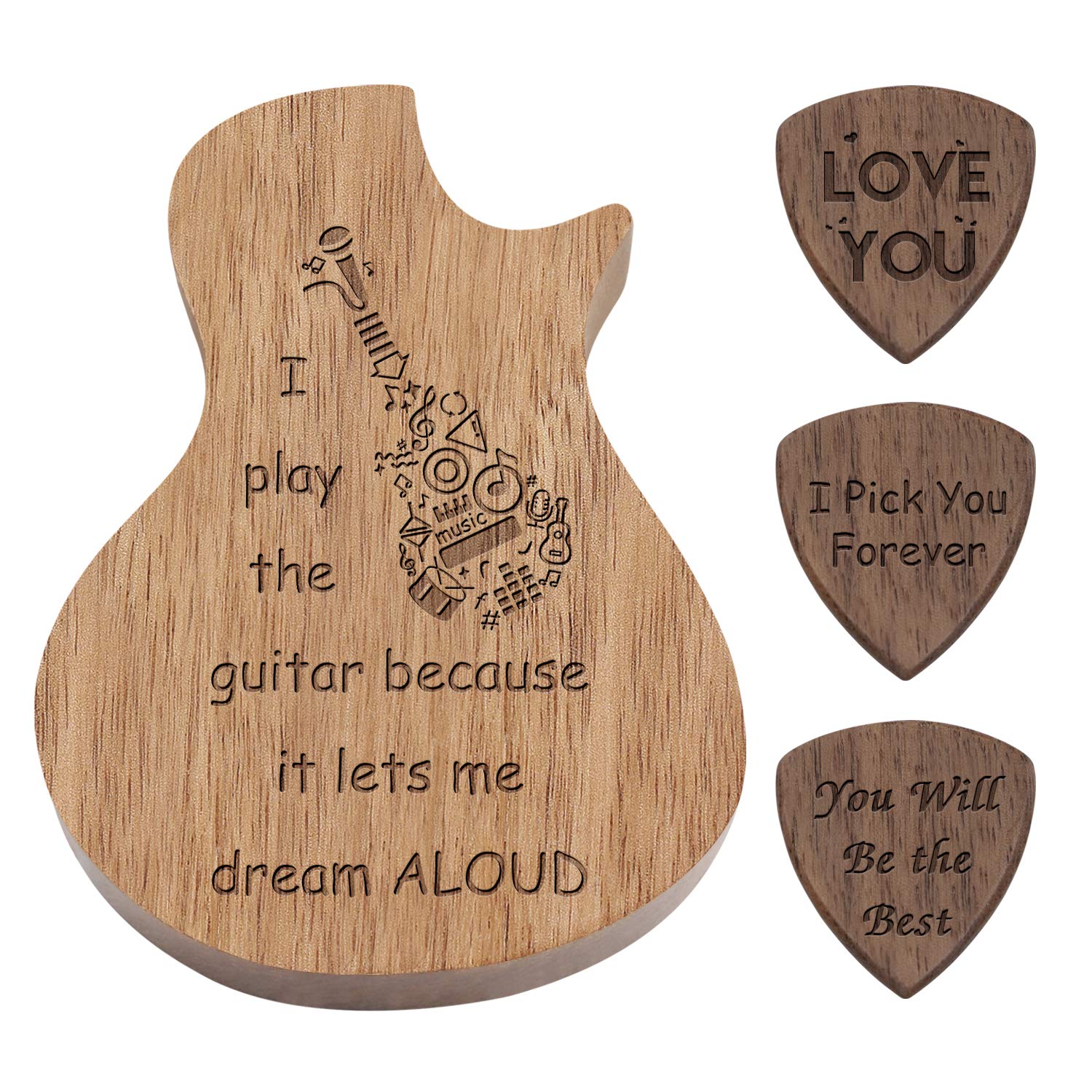 Engraved Guitar Pick Box, Guitar Shaped Guitar Pick Box, Personalized Wood Guitar Picks Box, Plectrum Container With 3 Pcs Guita