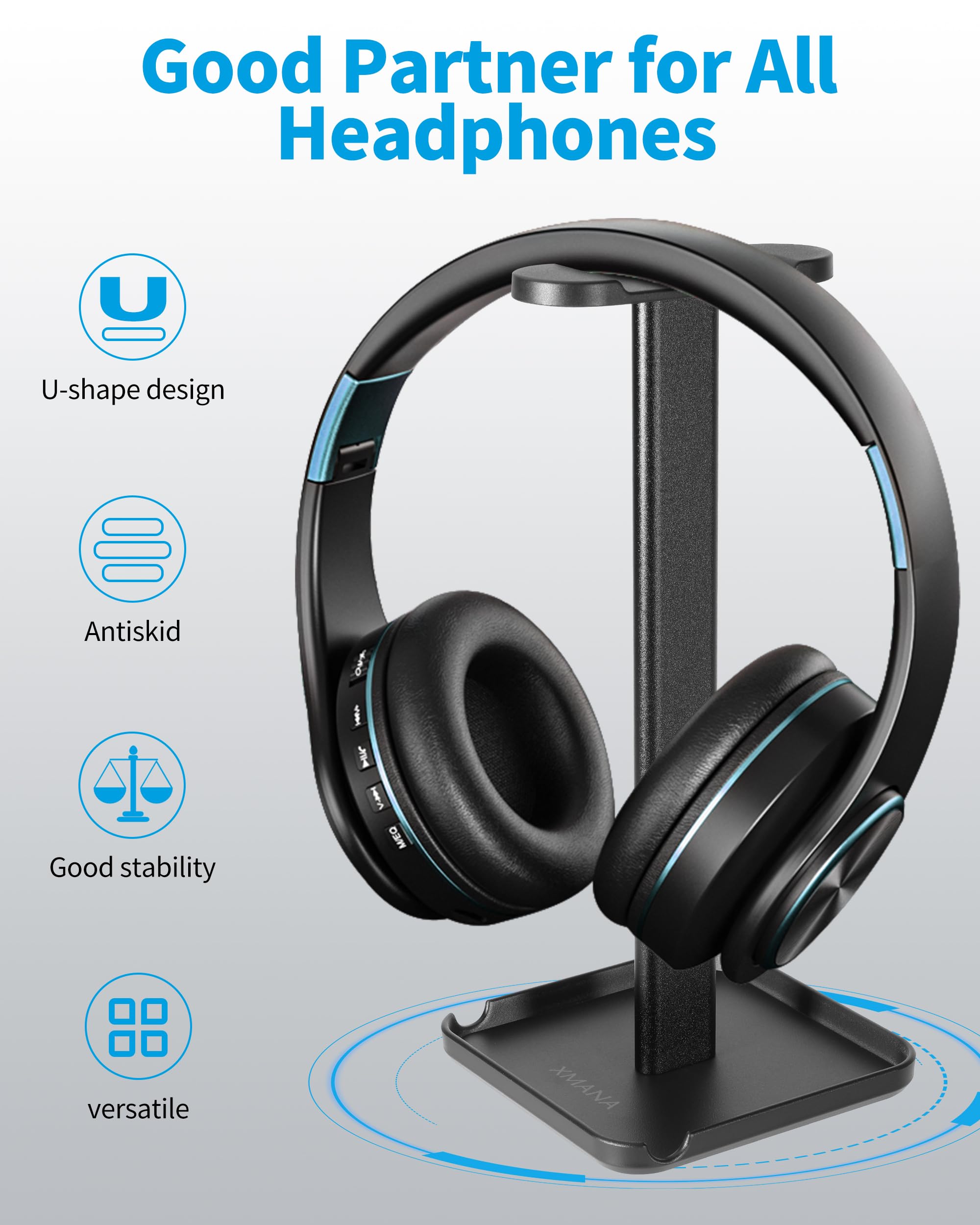 XMANA 2-in-1 Aluminum Headphone Stand & Phone Holder Rack - Sleek, Sturdy & Ergonomic Design Gaming Headset Stand for Desk Organ