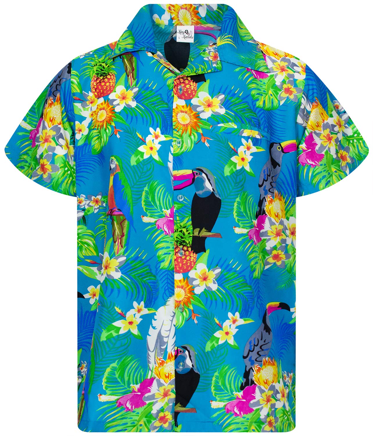 King Kameha Funky Hawaiian Shirt, Shortsleeve, Parrot Cockatoo, Turquoise, L