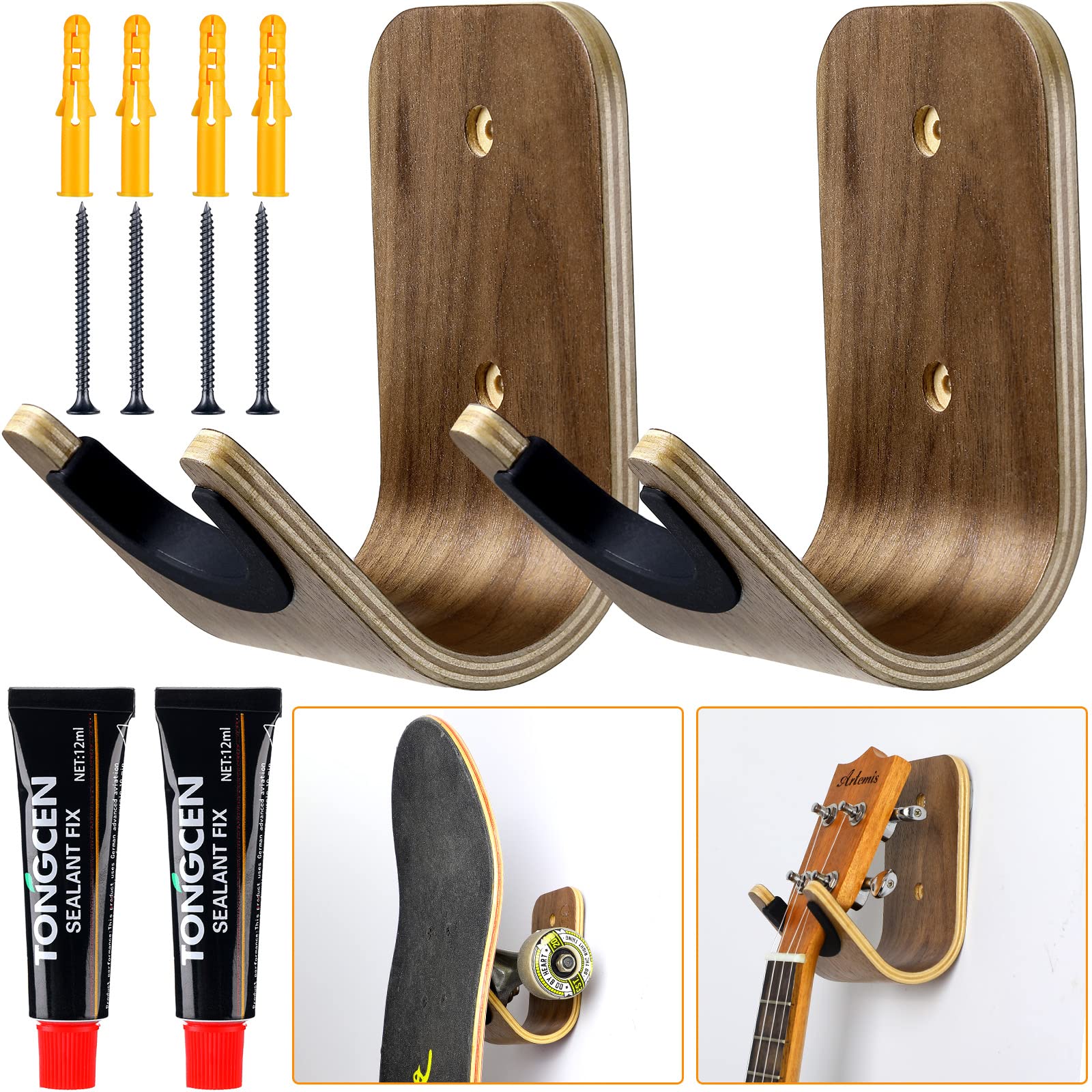 Guitar Wall Mount Holder Guitar Hanger with Pick Slot Skateboard Rack Modern Design Guitar Hook Ukulele Stand Wooden Violin Disp