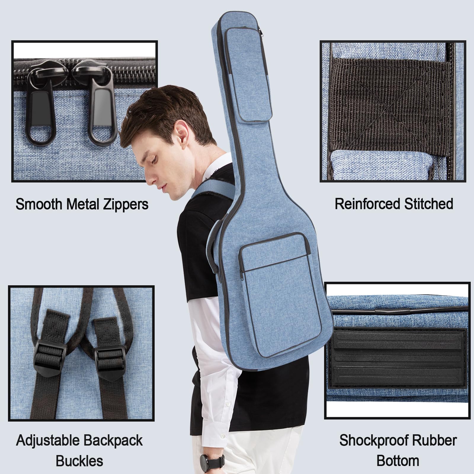 MUZTOP Bass Guitar Bag, 7MM Padding Bass Guitar Gig Bag Padded Soft Electric Bass Guitar Case Backpack with Pockets, Blue