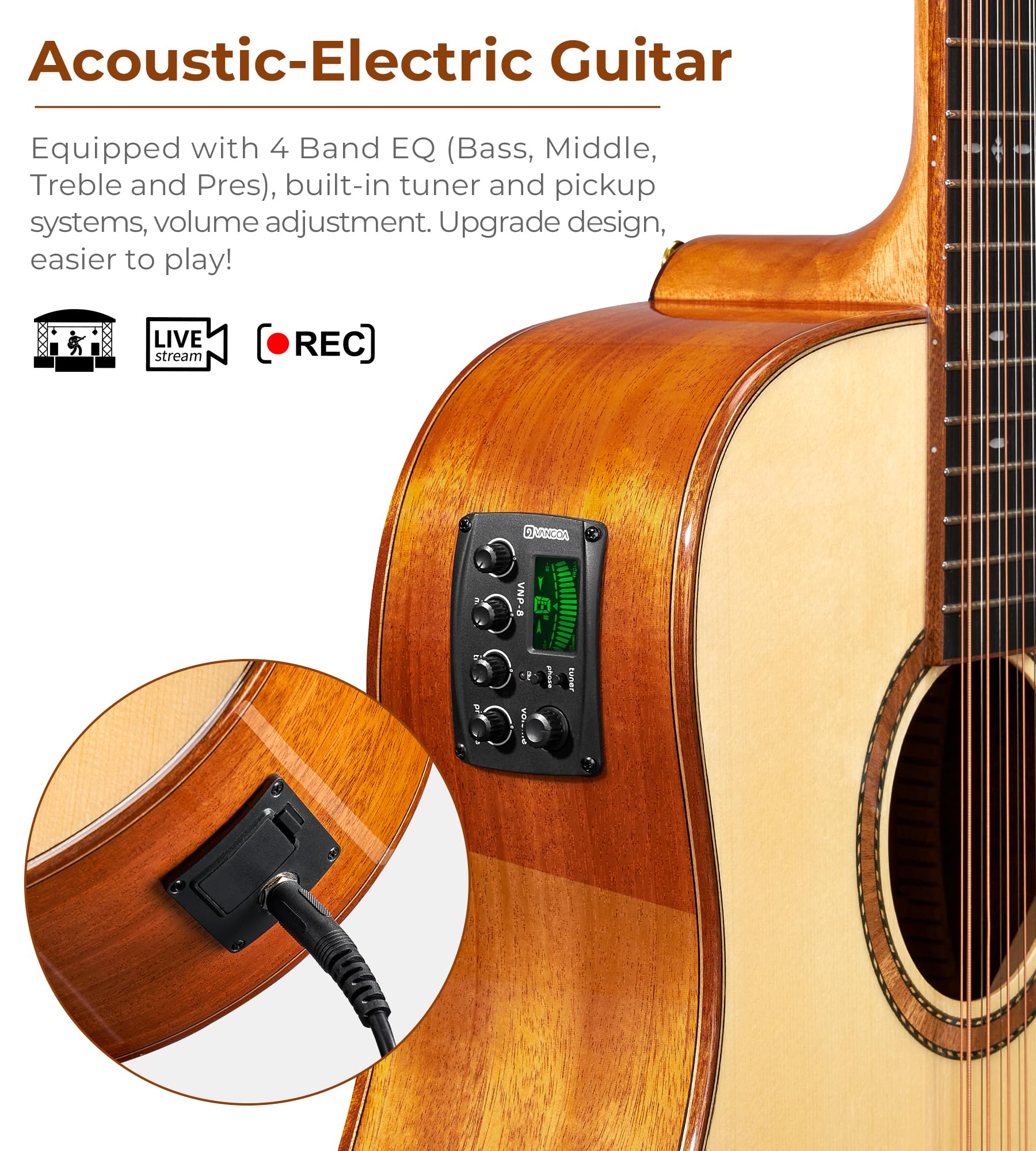 Vangoa Advanced 12 String Guitar Full Size Twelve String Acoustic Electric 4 Band EQ Electroacoustic Guitar Set for Beginner Adu