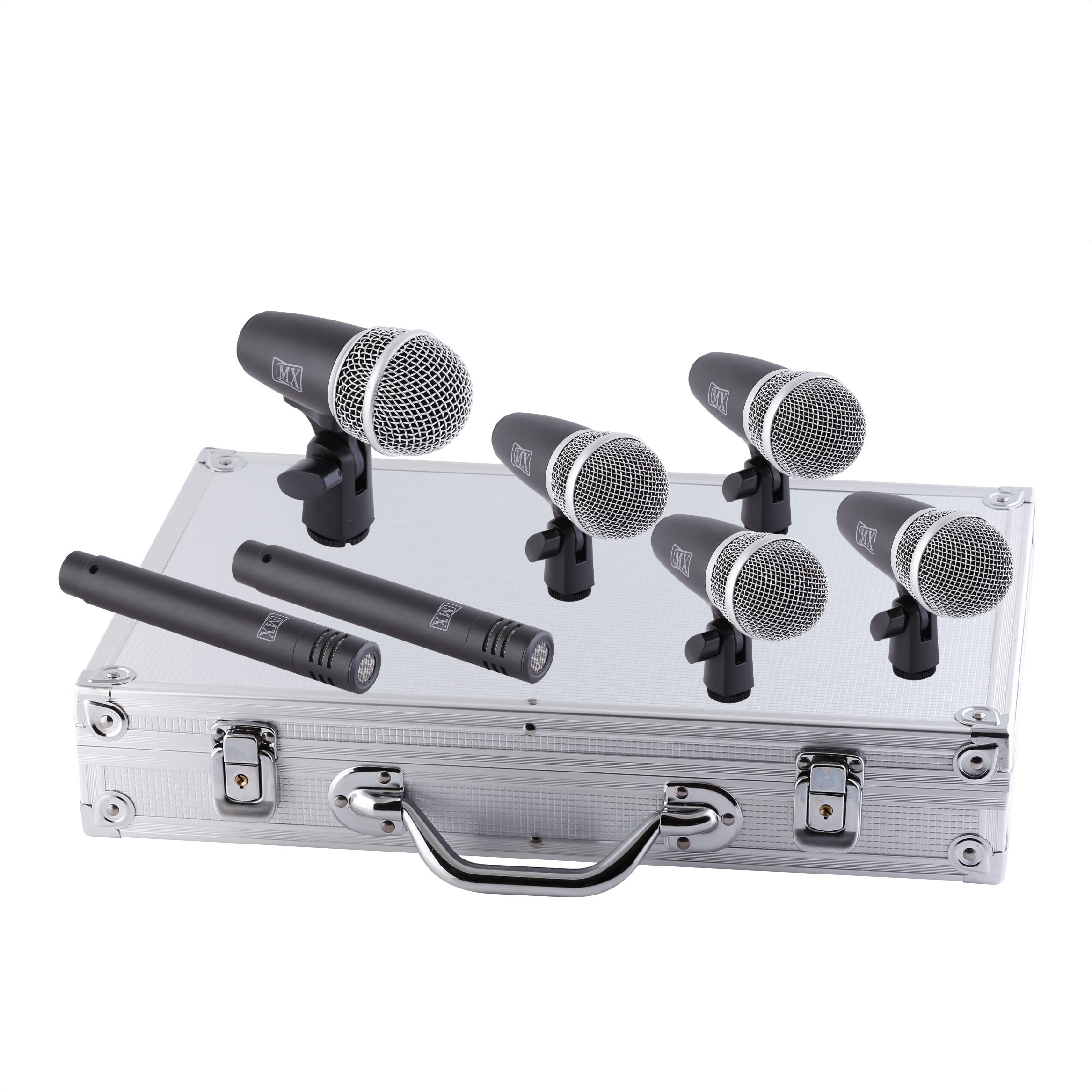 Mx 7Piece Drum Mic Kit - Dynamic Drumset Microphones With Clips & Cables - Ideal For Stage & Studio - Kick, Snare, Tom, Overhead