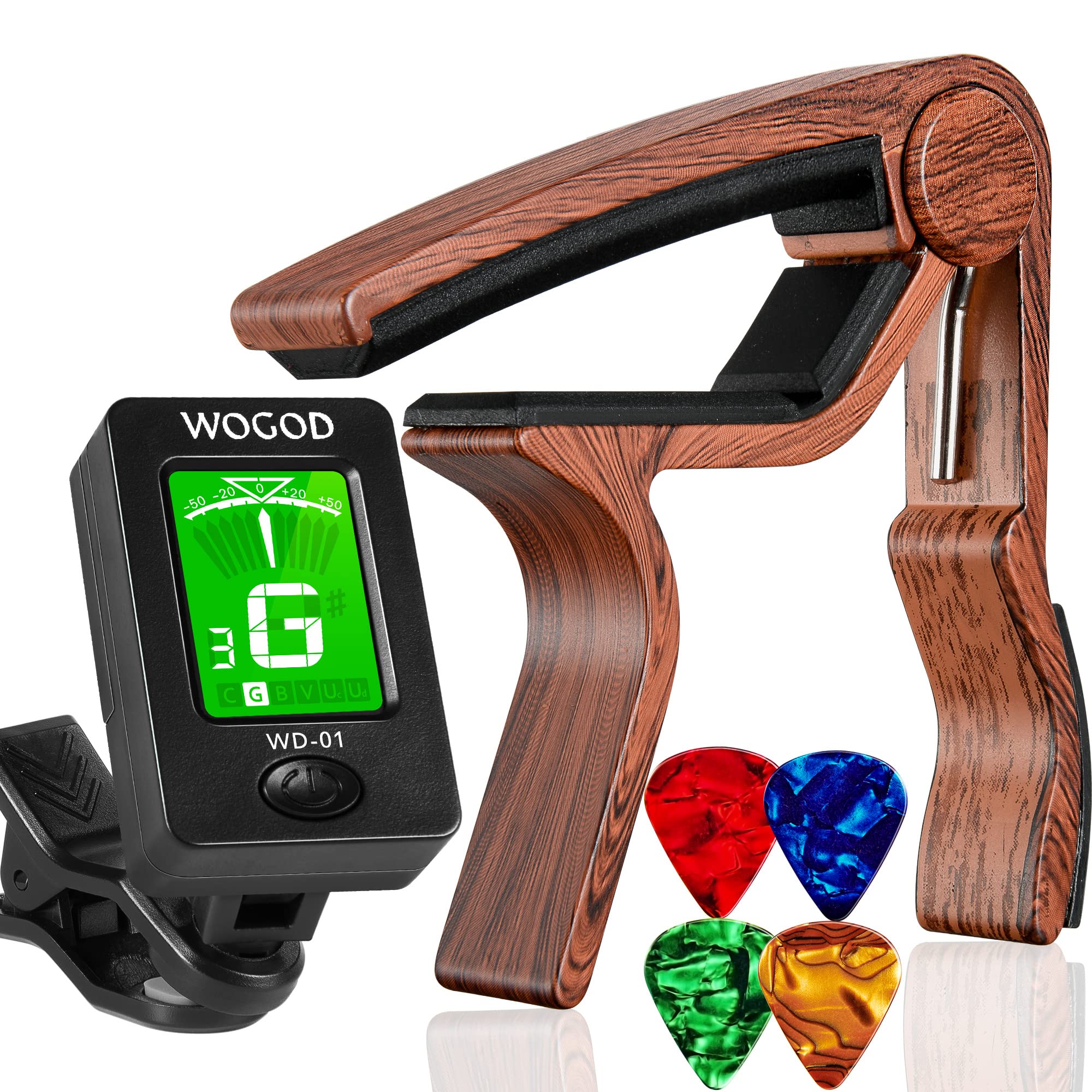 Guitar Tuner And Guitar Capo, Clip-On Tuner With Rosewood Color Capo For Acoustic Electric Guitar Bass Ukulele