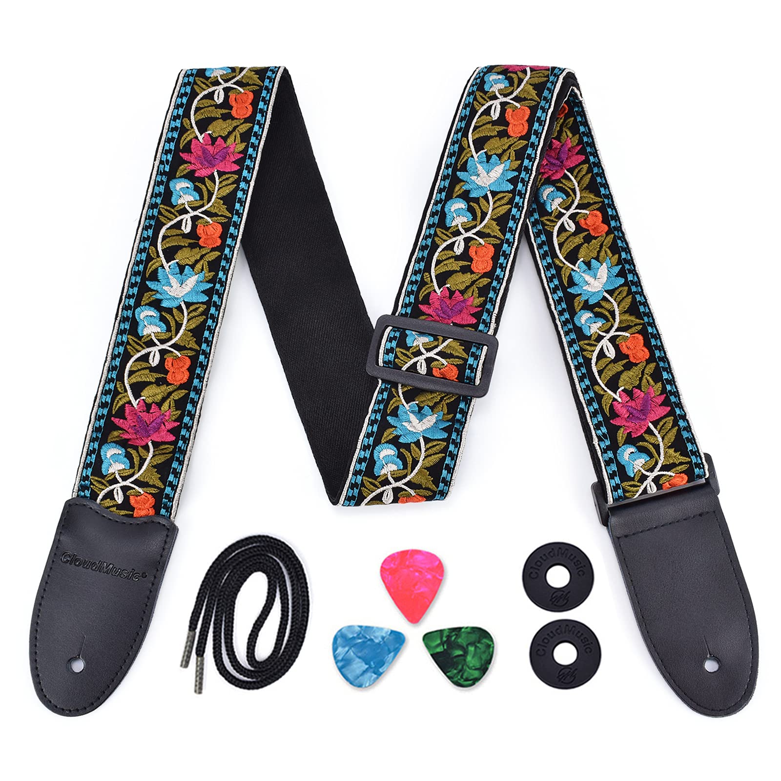 Cloudmusic Guitar Strap For Acoustic Electric Embroidered Jacquard Vintage Floral Patterns(Blooming Flowers In Black)
