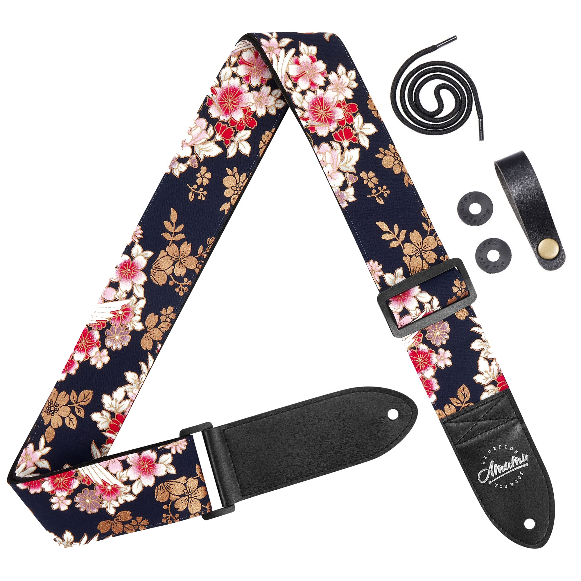 Amumu Peony Crane Guitar Strap For Acoustic Guitar Electric Guitar And Bass Guitar - 2 Inches Wide