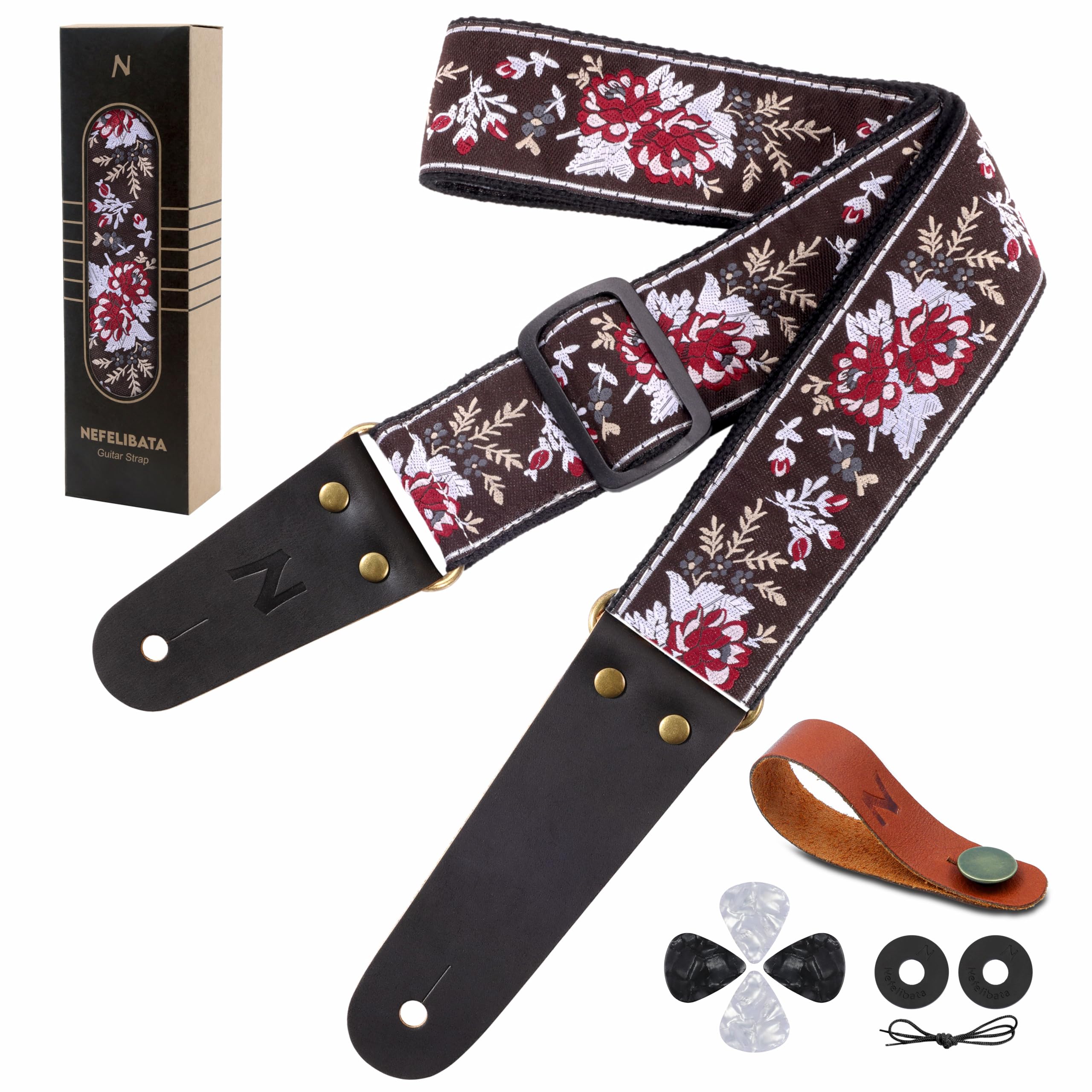 Nefelibata Guitar Strap, Cotton Guitar Straps With Head Cowhide Leather Ends For Bass, Electric & Acoustic Guitars, Free Strap B