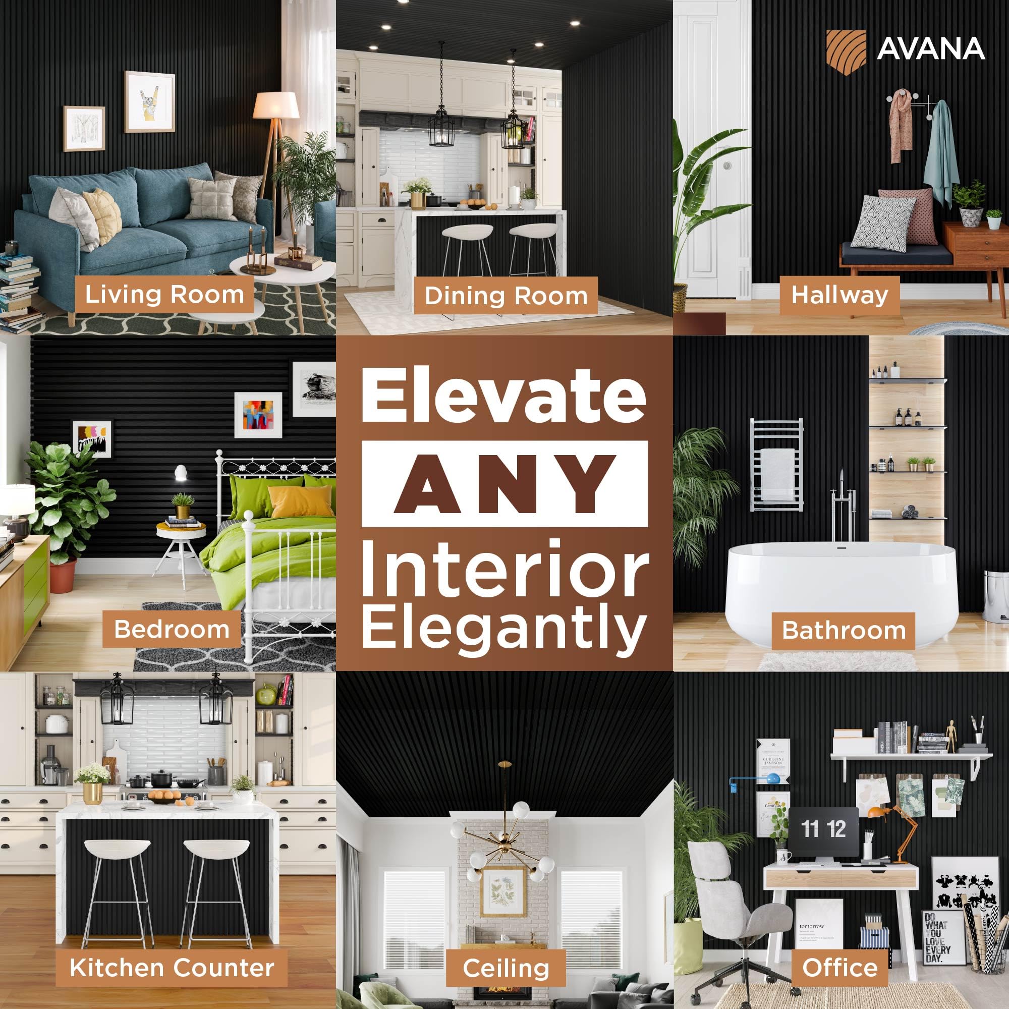 Avana Modern Acoustic Wood Wall Panels - 47.2 X 12.6 Inch Black Oak Acoustic 2 PCs - Wall Panels For Interior Wall Decor For Hom