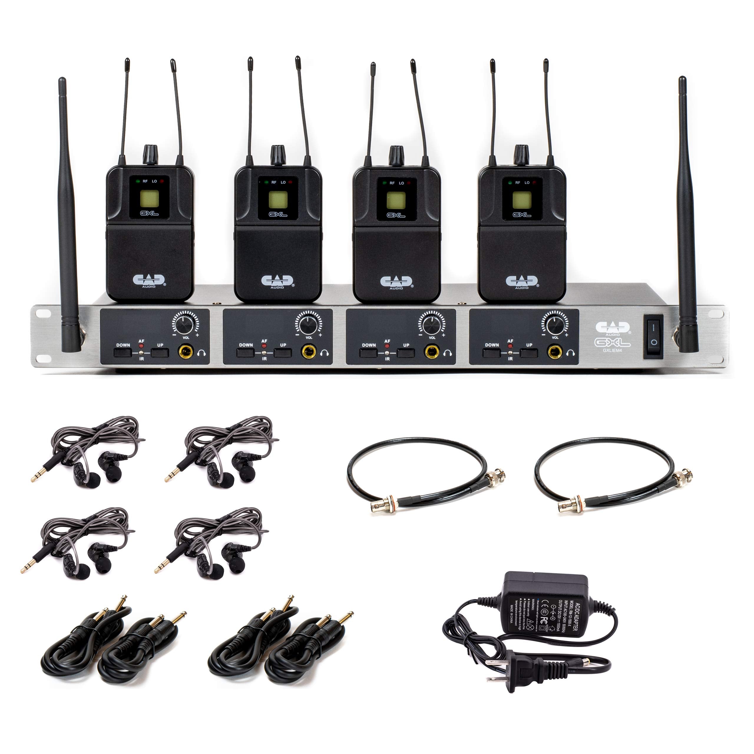 CAD Audio GXLIEM4 Frequency Agile Wireless In Ear Monitor System -Four discrete mixes - includes 4 MEB1 Earbuds, 4 Bodypack Rece