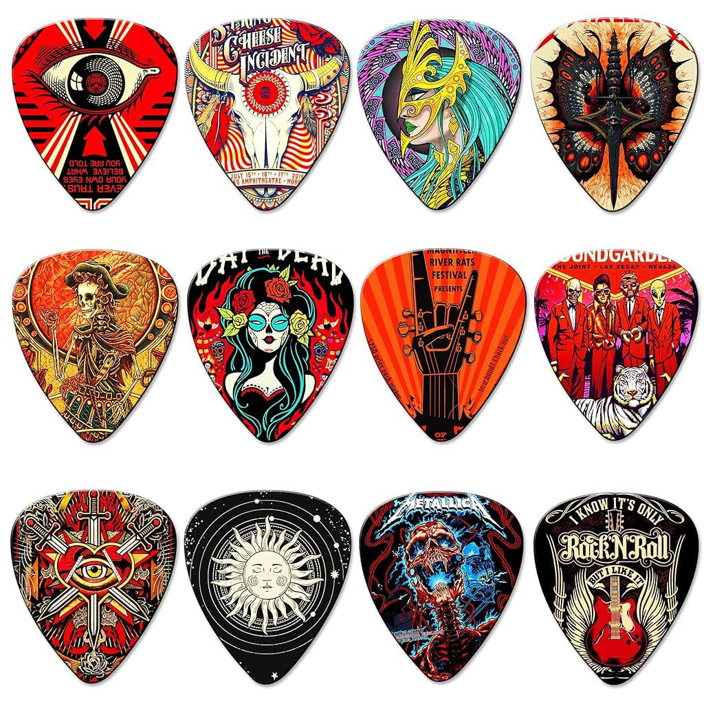 ZIBUYU 12Pcs Guitar Picks PVC Guitar Picks with Thin, Medium & Heavy Picks Rock Aesthetic Pick 0.46mm/0.71mm/1mm (12Pcs Roll)