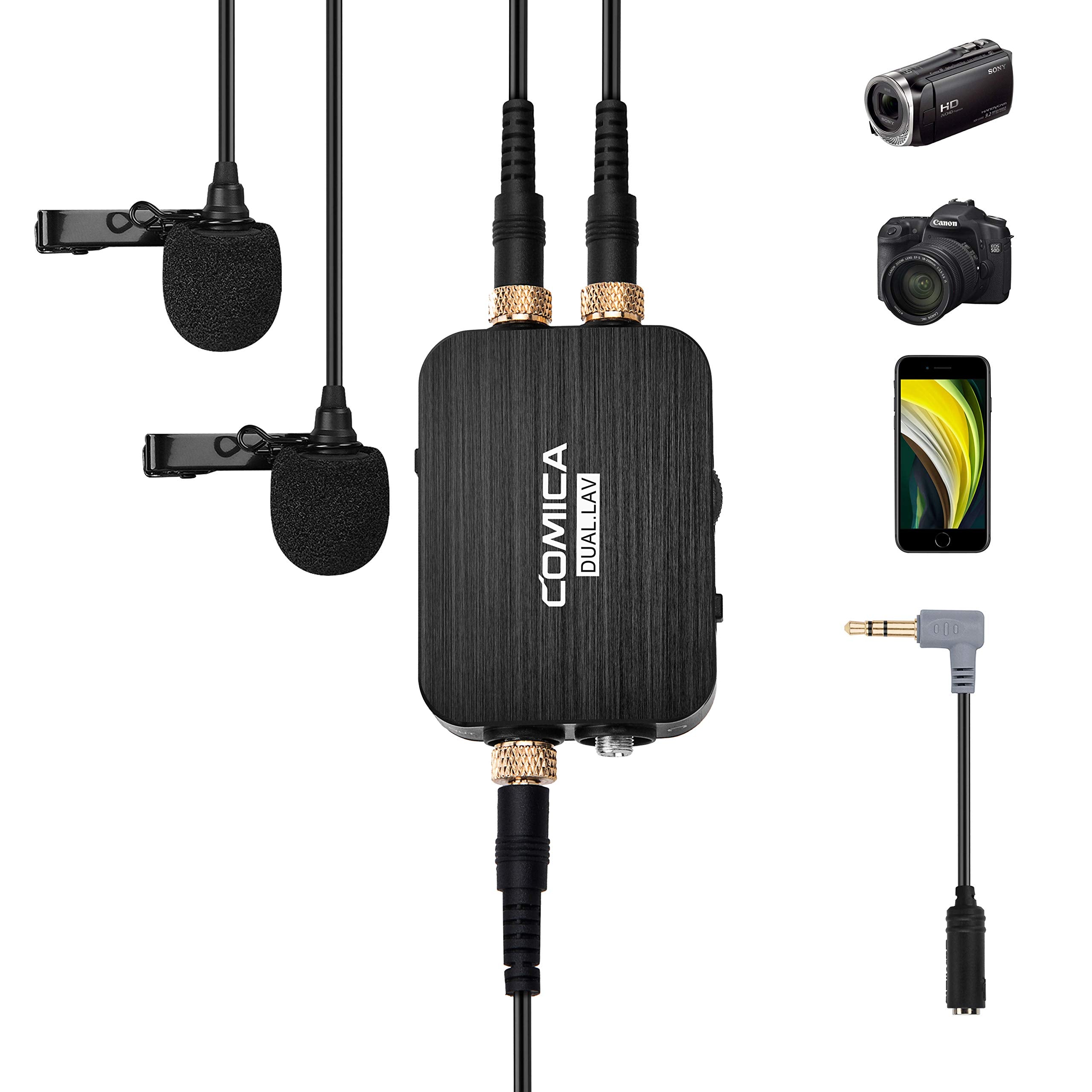 comica CVM-D03 Dual Lavalier Microphone, Professional Omnidirectional Clip-on Lapel Microphone for Canon Sony Panasonic Cameras,
