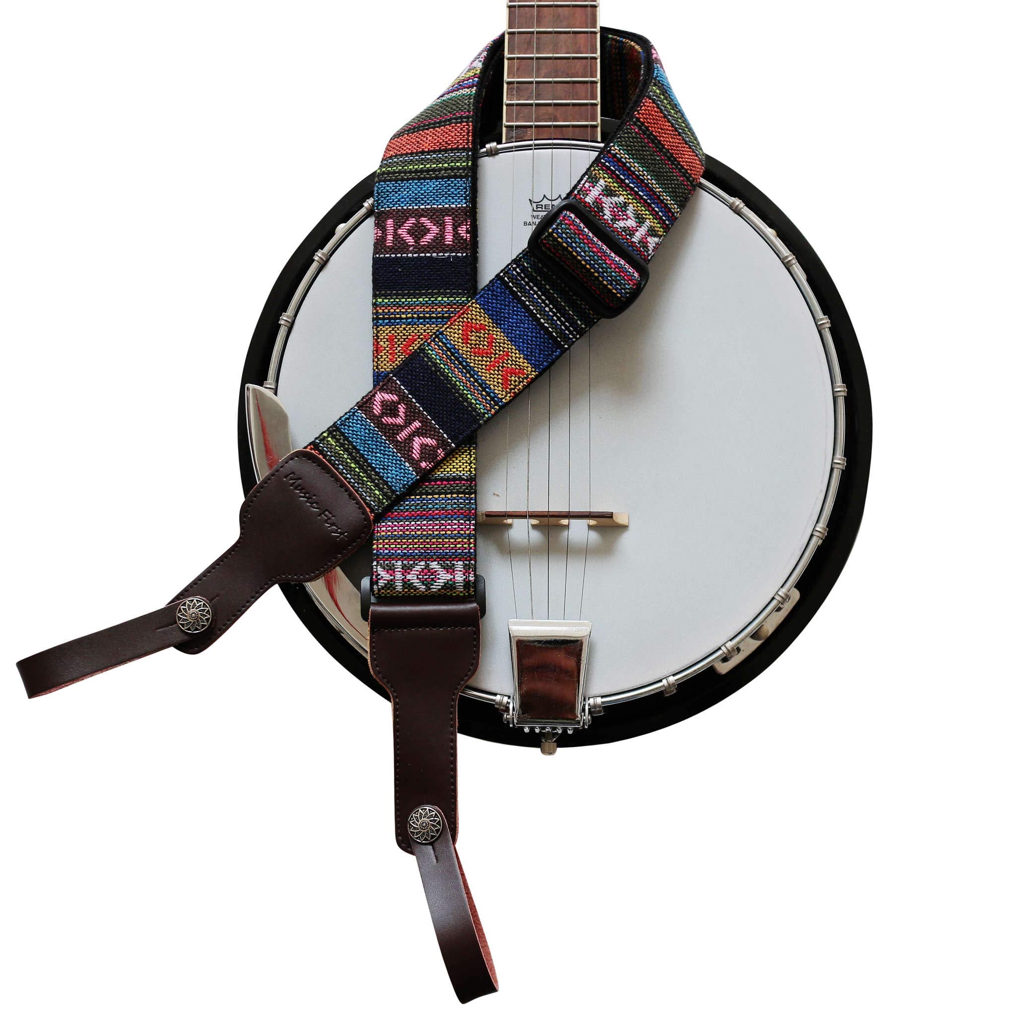 Music First Original Design, 2 Inch Width (5Cm), Classic Country Style Yarn-Dyed Fabric & Genuine Leather Delux Banjo Strap, Wit