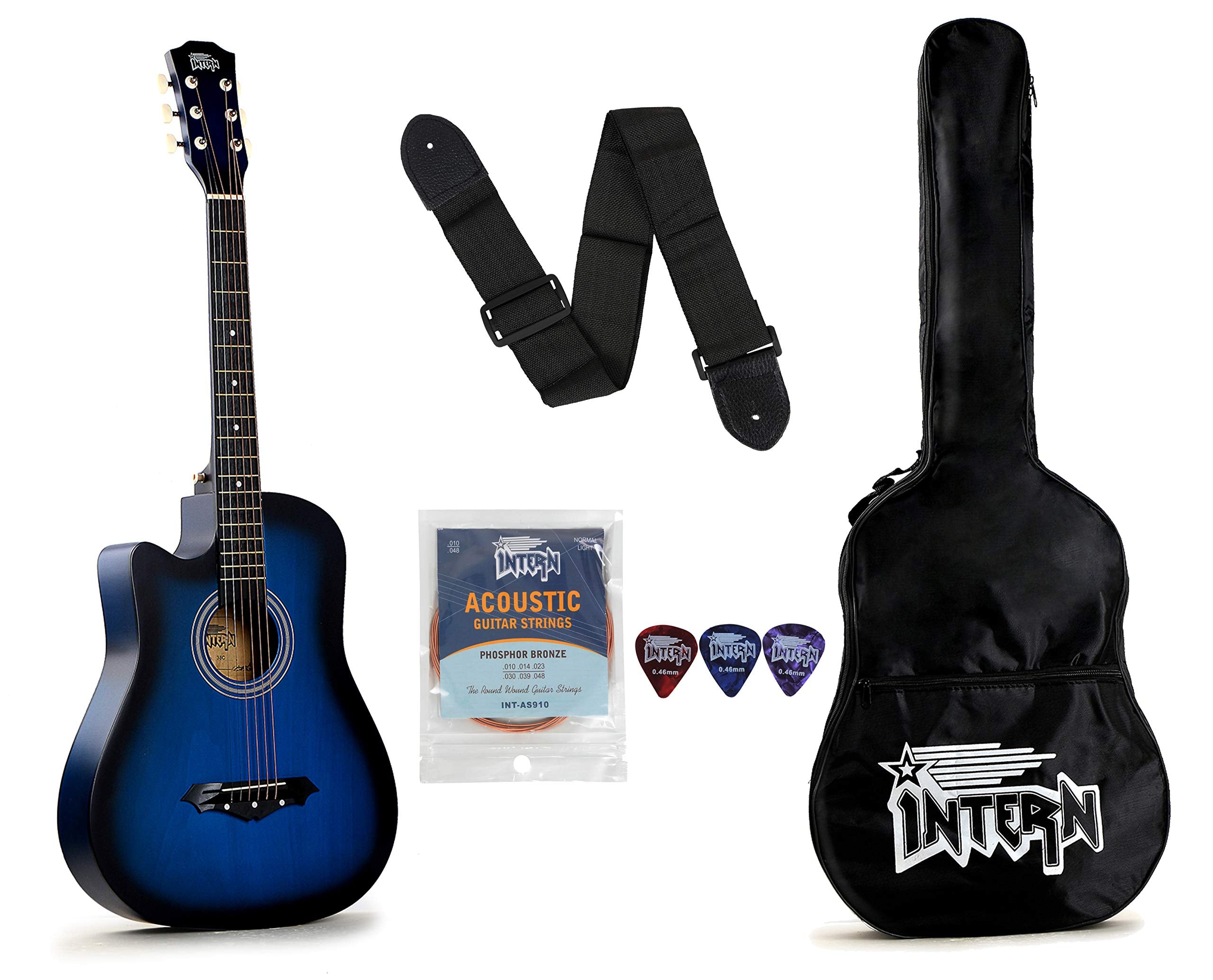 Intern Int-38C-L-Bls Left Hand Acoustic Guitar Kit, With Bag, Strings, Pick And Strap, Blue