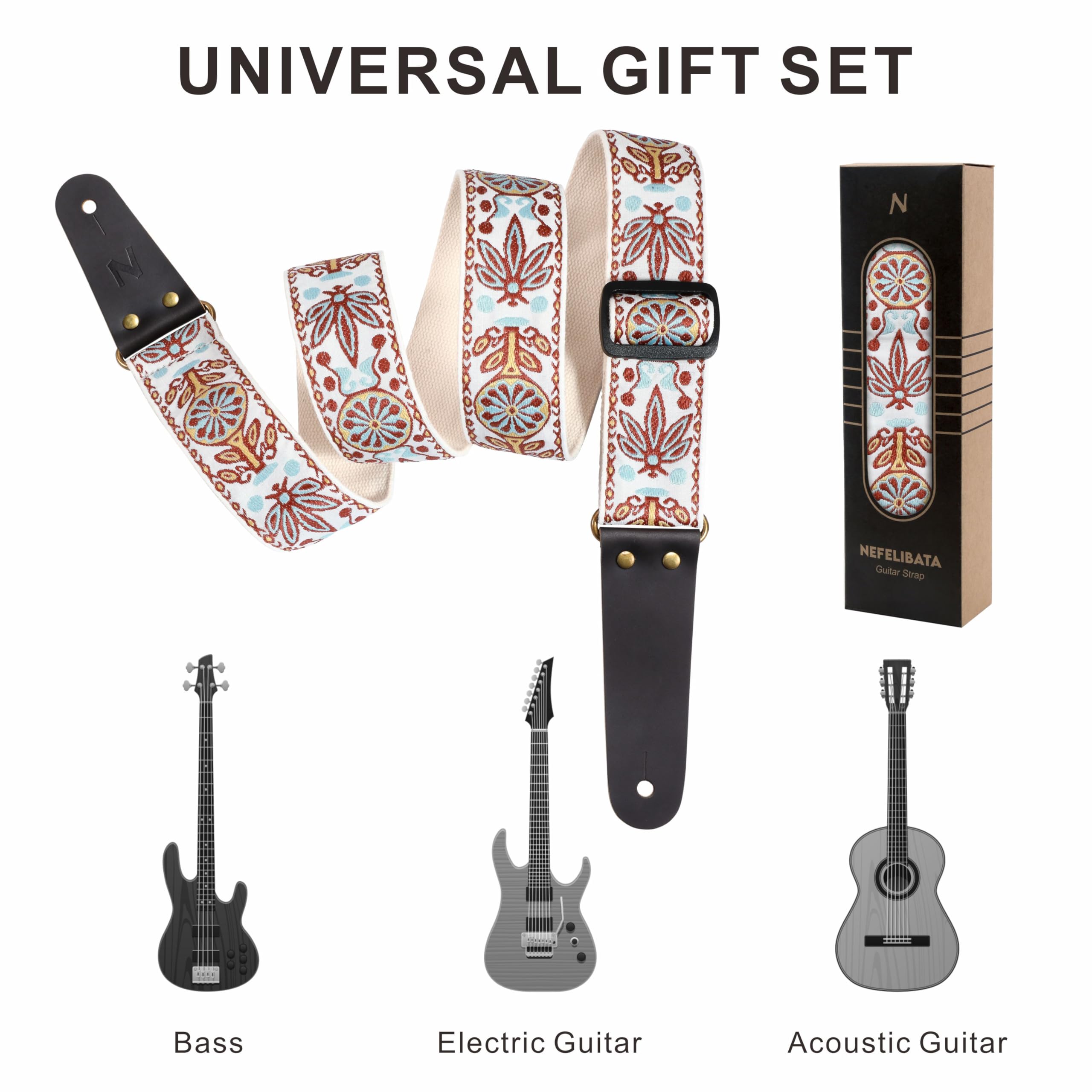 Nefelibata Guitar Strap - Vintage Embroidered Cotton Guitar Straps with Genuine Leather Ends for Bass, Electric & Acoustic Guita