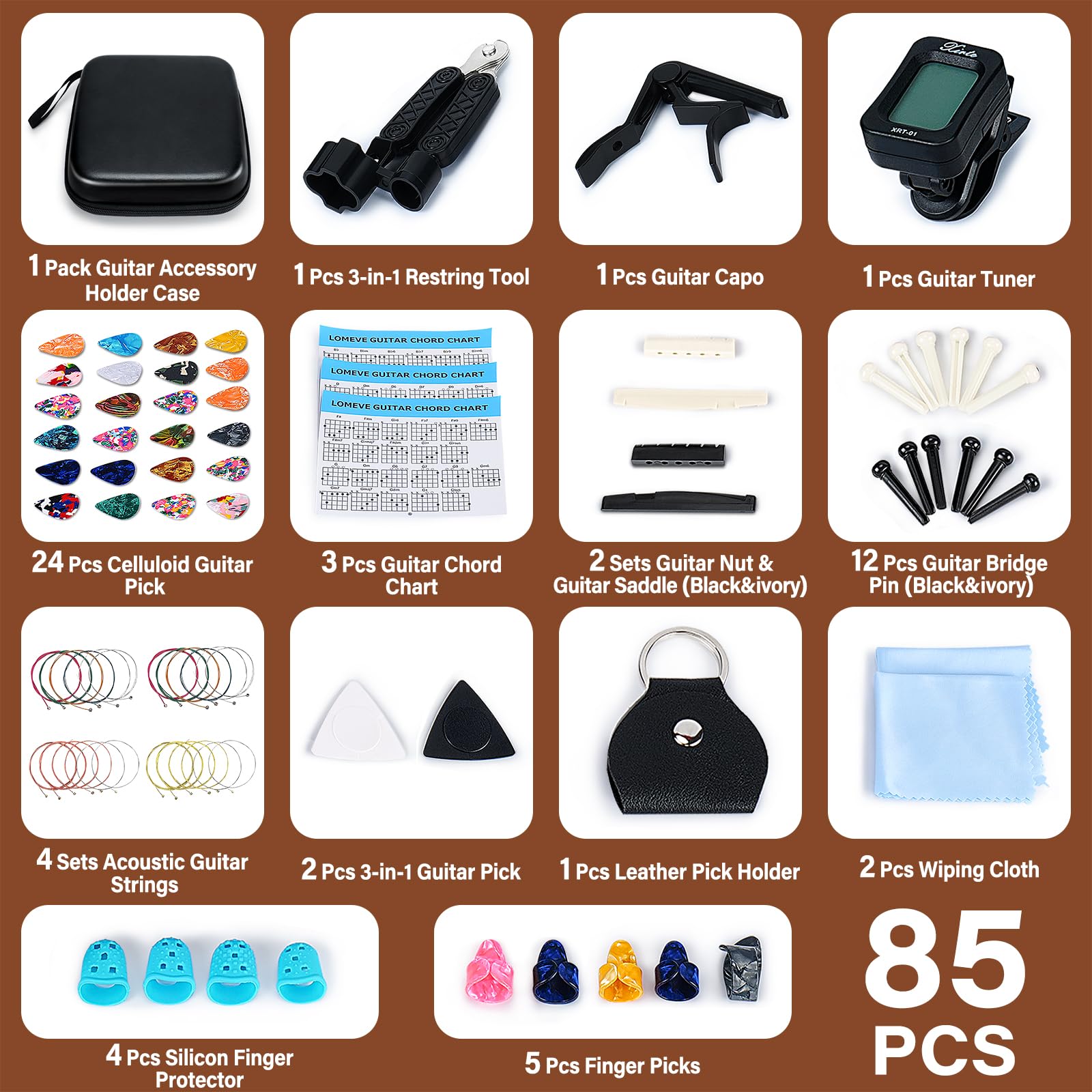 LOMEVE 85PCS Guitar Accessories Kit Holder Case Include Acoustic Strings, Tuner, Capo, 3-in-1 Restring Tool, Picks, Pick Holder,