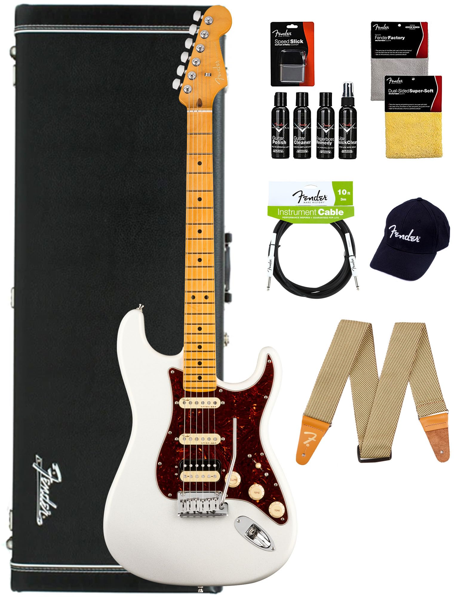 Fender American Ultra Stratocaster Hss - Arctic Pearl Bundle With Case, Hat, Strap, Cable, And Guitar Cleaning Kit