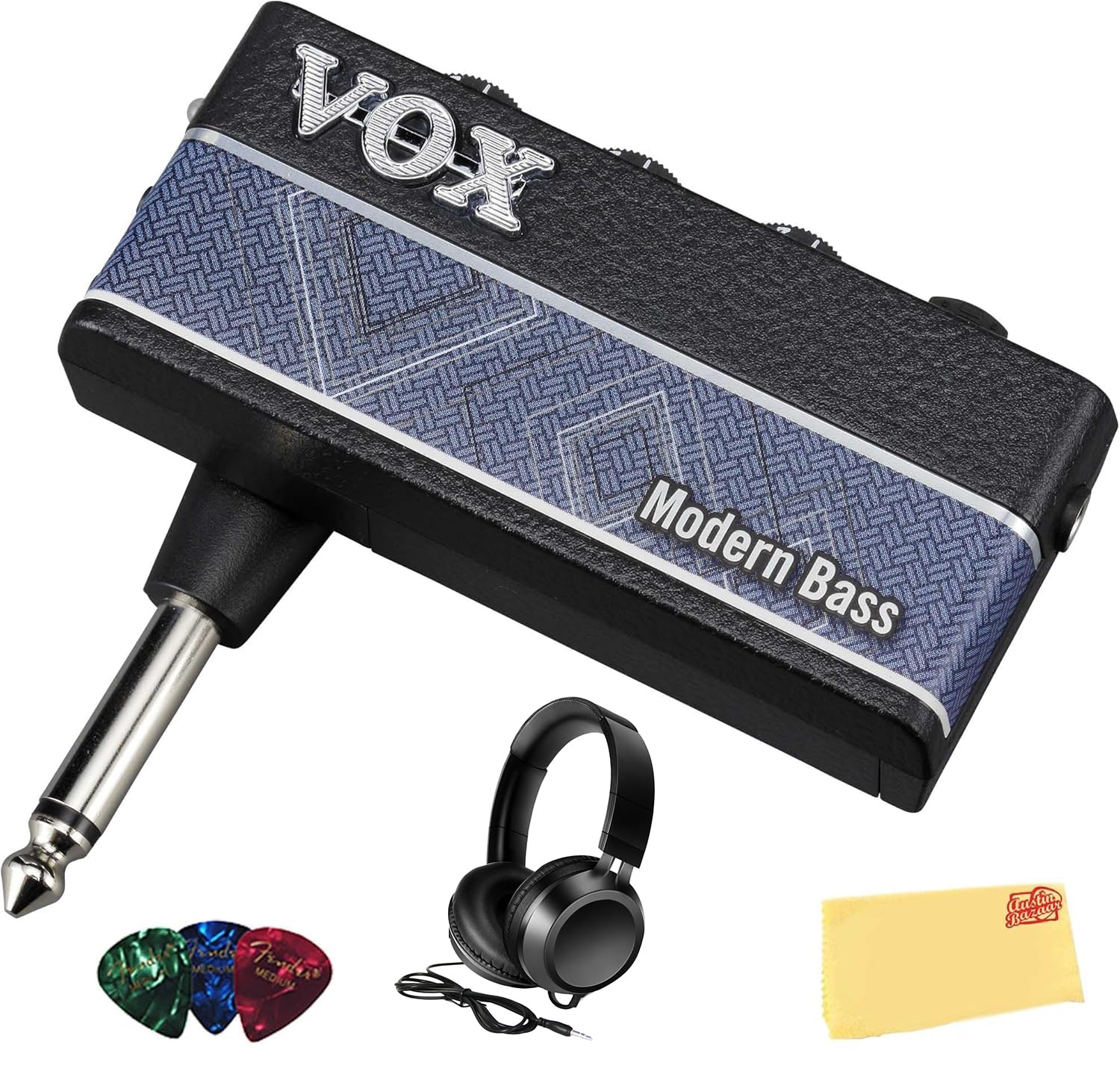 Vox AmPlug 3 Headphone Guitar Amplifier - Modern Bass Bundle with Headphones, Guitar Picks, and Austin Bazaar Polishing Cloth