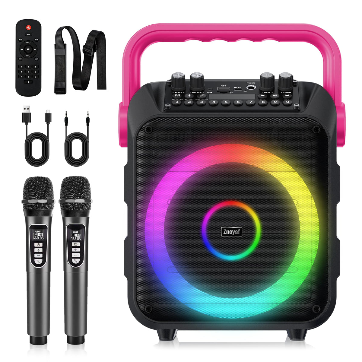Znoyaf Karaoke Machine For Adults & Kids, Portable Bluetooth 5.3 Speaker With 2 Wireless Microphones, Bass/Treble Adjustment, Re