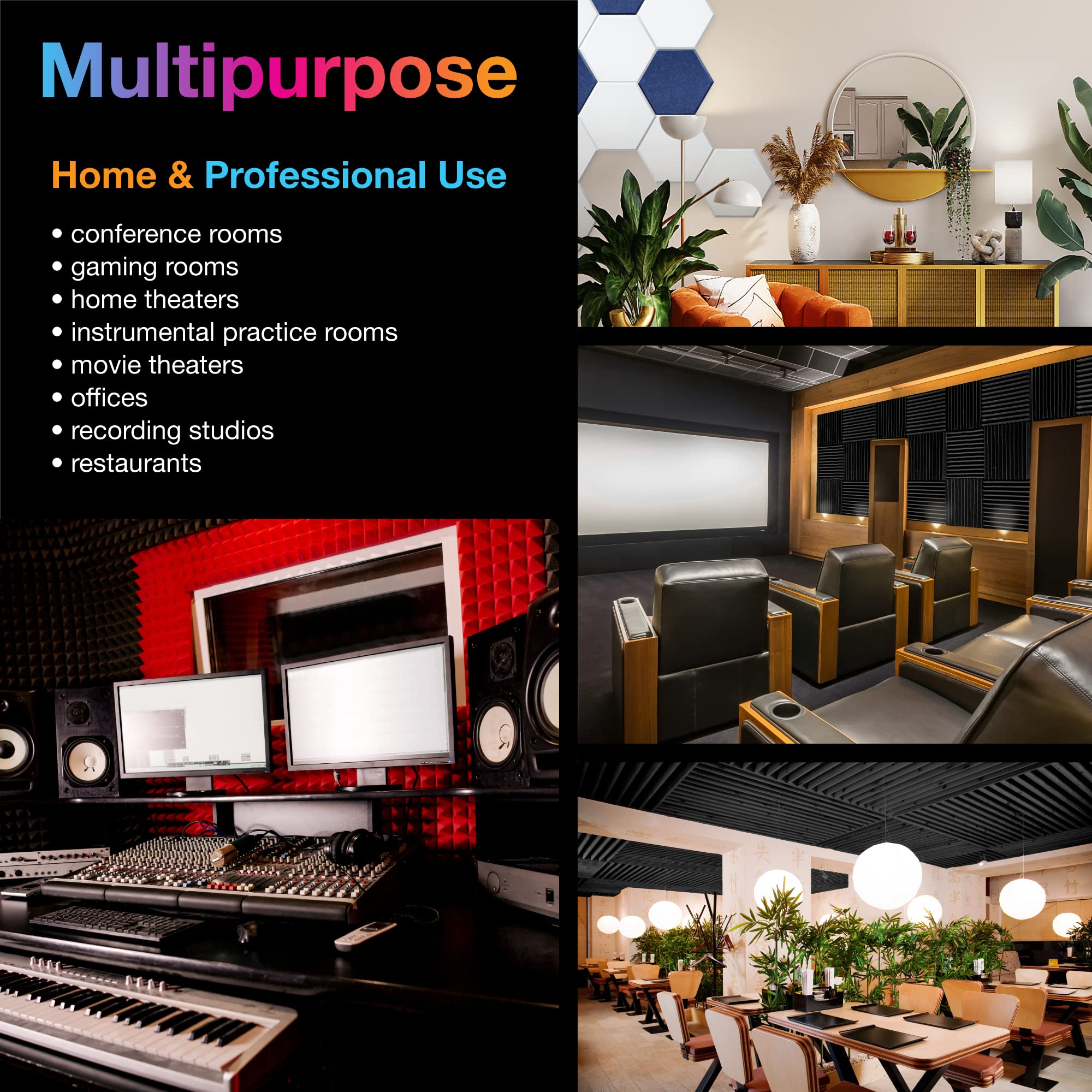 Fstop Labs Acoustic Foam Panels, 24 Pack Black 2'' X 12'' X 12'' Mushroom Studio Wedge Tiles, Sound Panels Sound Proof Foam Pane