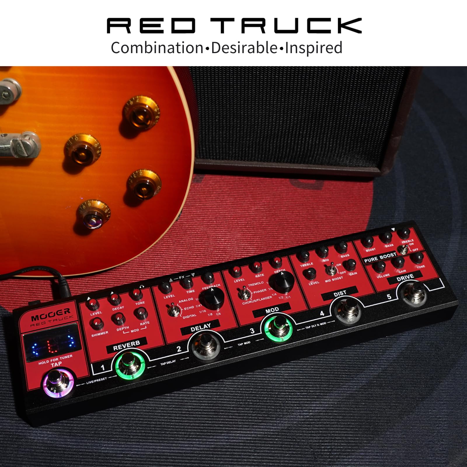 MOOER Red Truck Guitar Multi Effects Guitar FX Loop with Analogue Boost, Overdrive, Distortion Effects and Digital Ambiance Tone