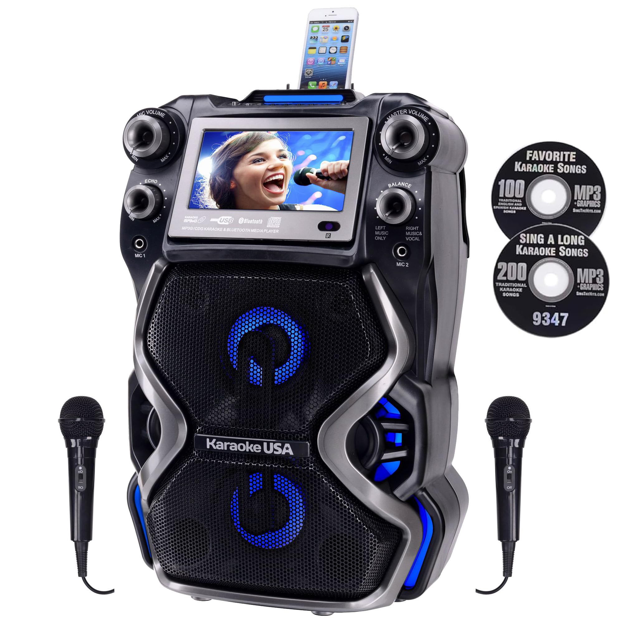 Karaoke USA GF920 Rechargeable Portable Bluetooth CDG-MP3G Karaoke Machine and PA System with 2 Microphones