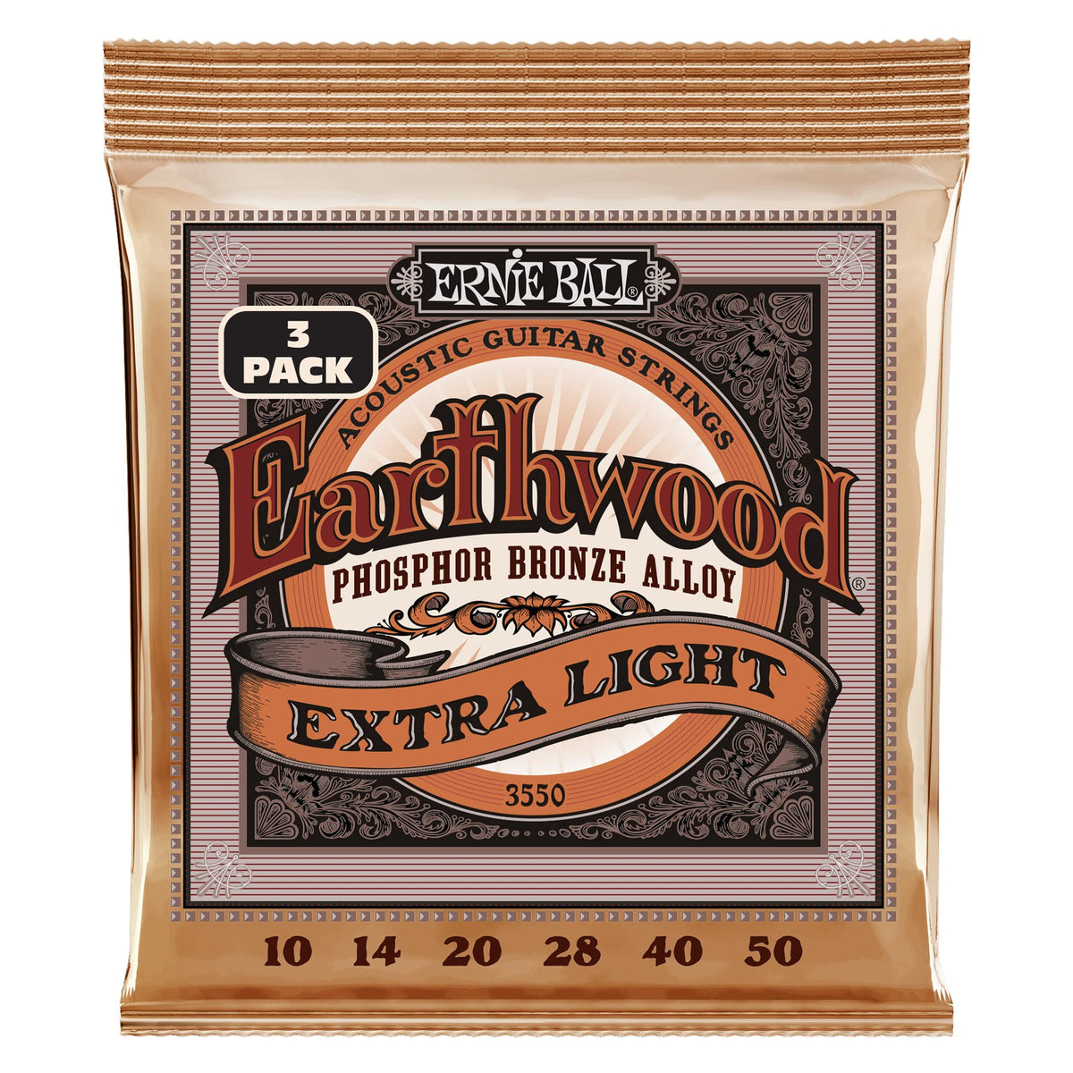 Ernie Ball Earthwood Extra Light Phosphor Bronze Acoustic Guitar Strings 3-Pack, 10-50 Gauge (P03550)