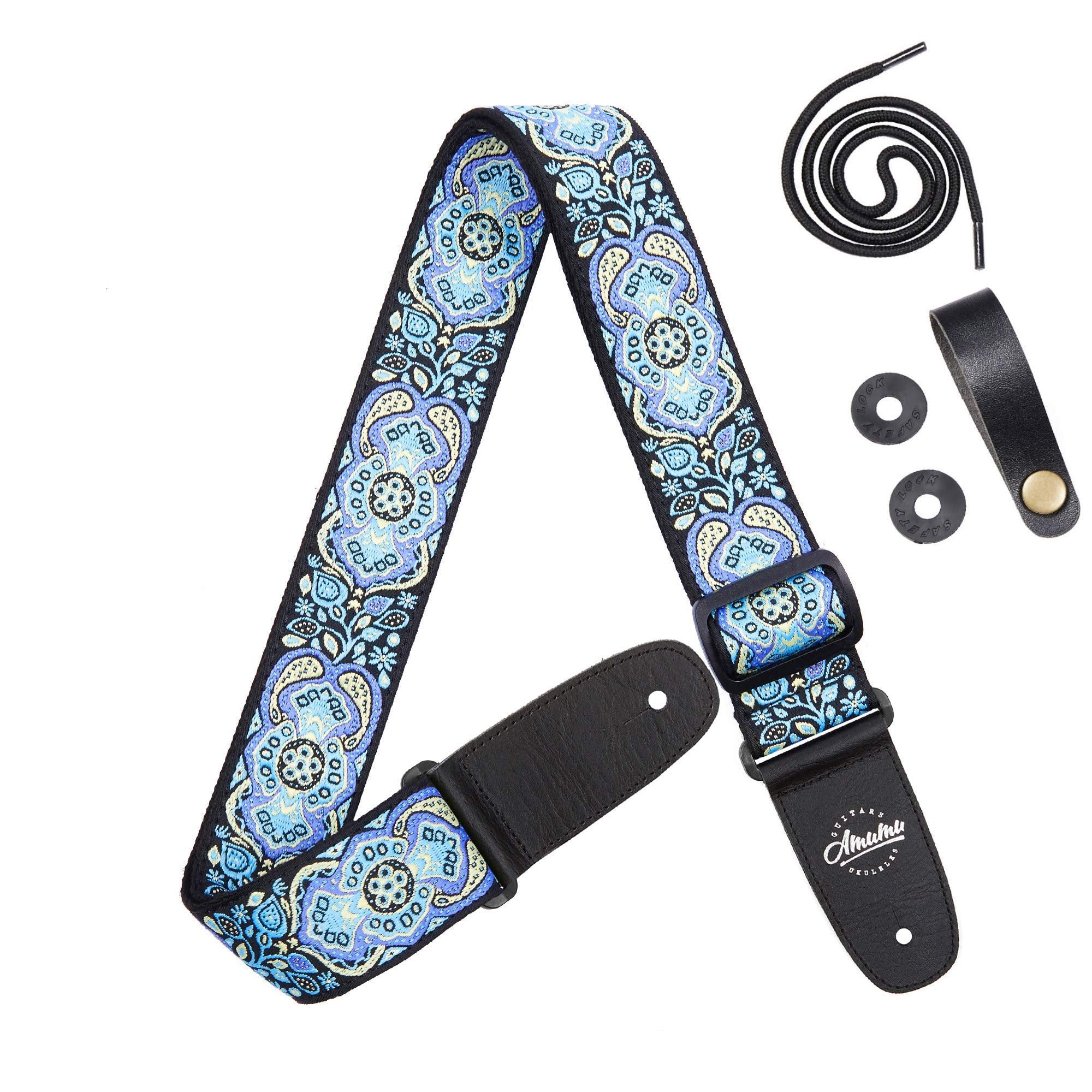 Amumu Cotton Embroidery Guitar Strap For Acoustic, Electric, Bass Guitars -Blue