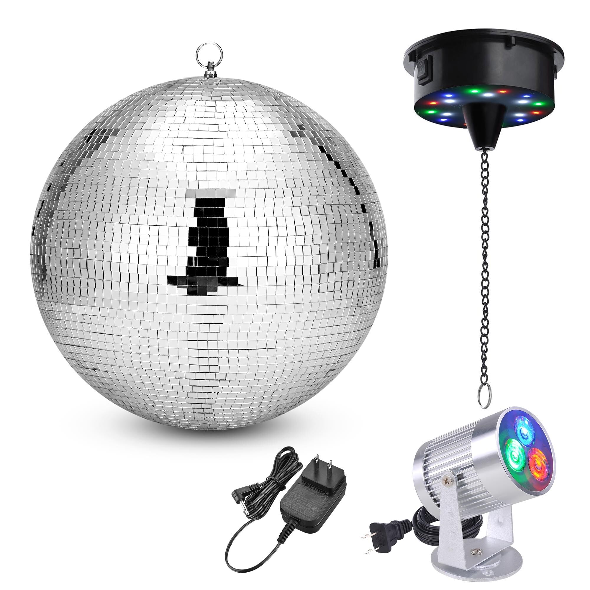 DELight 16 Disco Ball with Motor and Light 6RPM Rotator & 3W RGB Spotlight for 70s 80s Party DJ Bands Dance Club Bar Wedding Eve