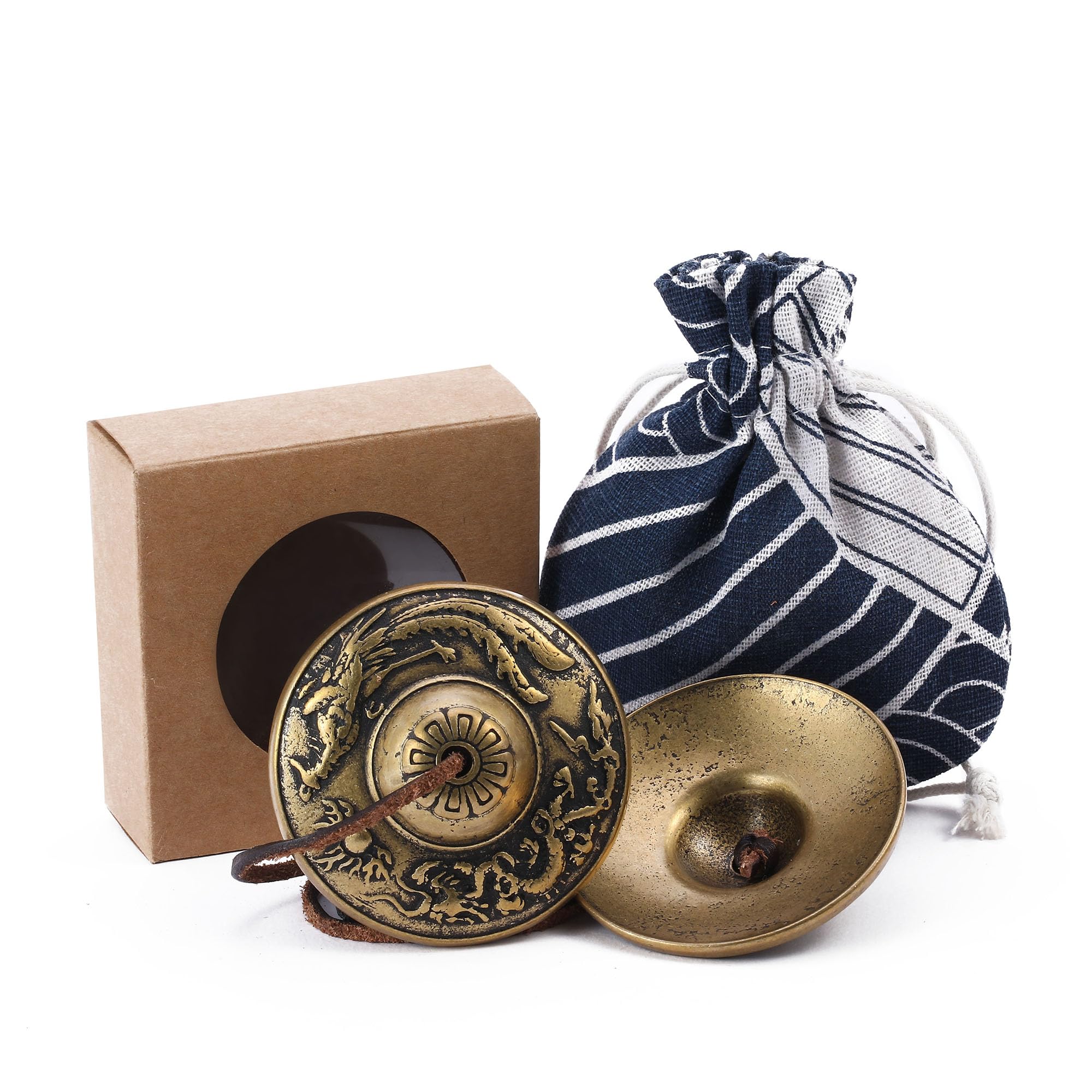 Homelavie Tibetan Tingsha Cymbals Meditation Chime Bells 2.5 Dragon and Phoenix with Embossed Bell with Gift Box Drawstring Clot