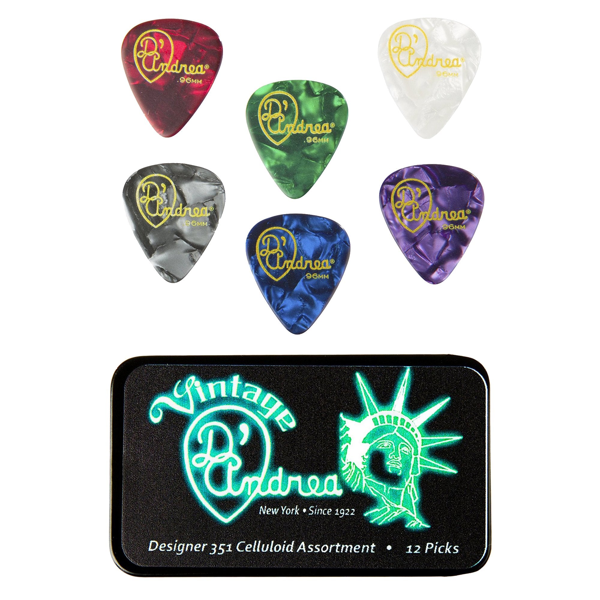 D'Andrea Tnvdt Guitar Picks, 12-Piece, Collectible Tin, Designer Pearls Assortment, Thin