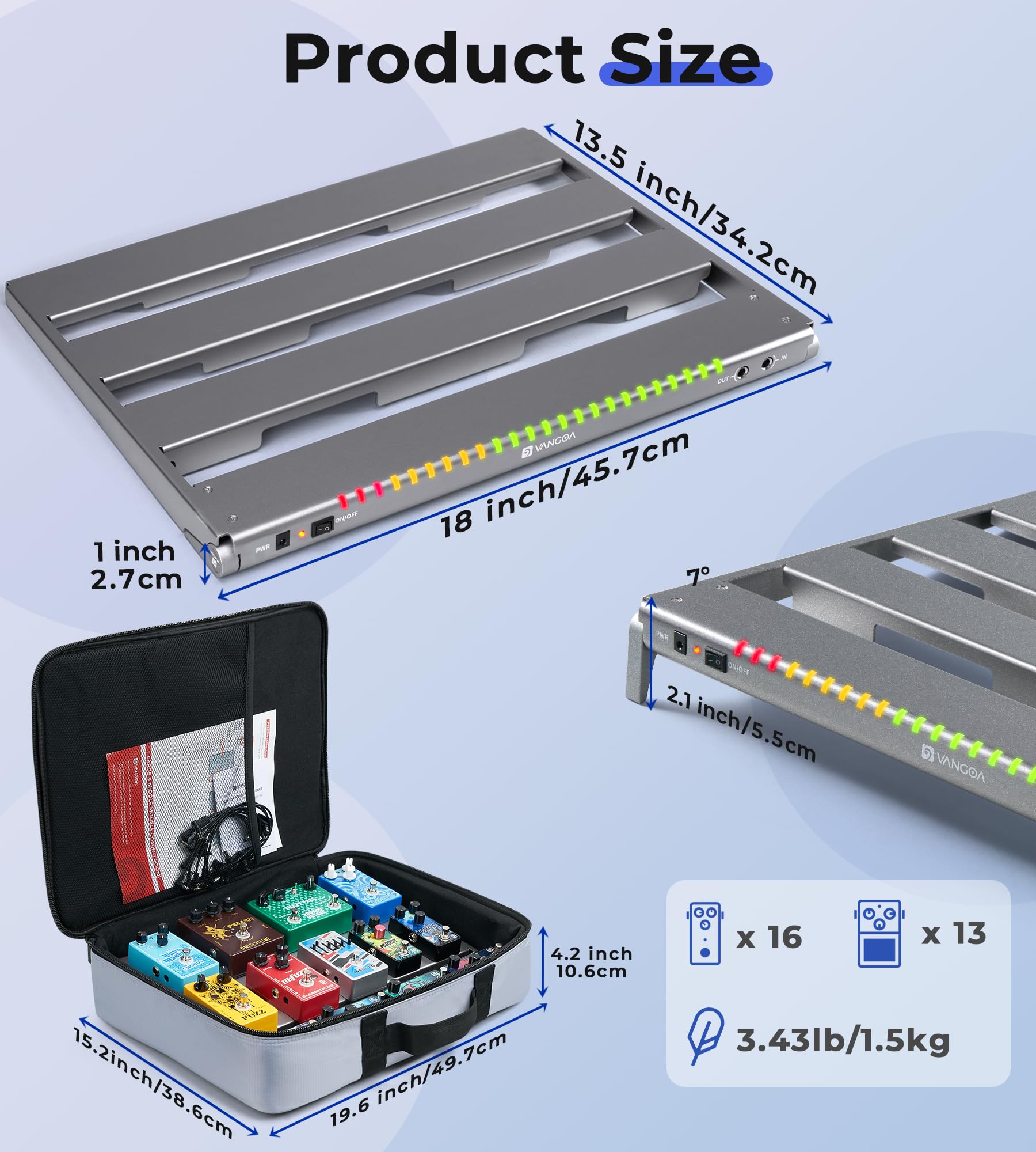 Vangoa Guitar Pedal Board with Isolated Power Supply, PD-M Aluminum One-Piece-Bent Portable Folding Powered Guitar Pedalboard wi