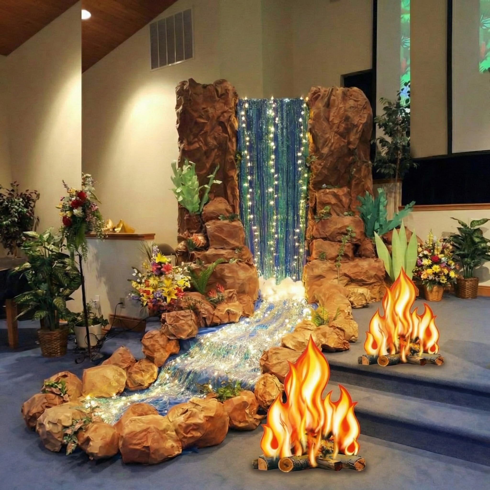 Spiareal 7 Pcs Waterfall Landscaping Kit for Classroom Vbs Decorations DIY Rainforest Campfire Backdrop with LED Light Bible Sto