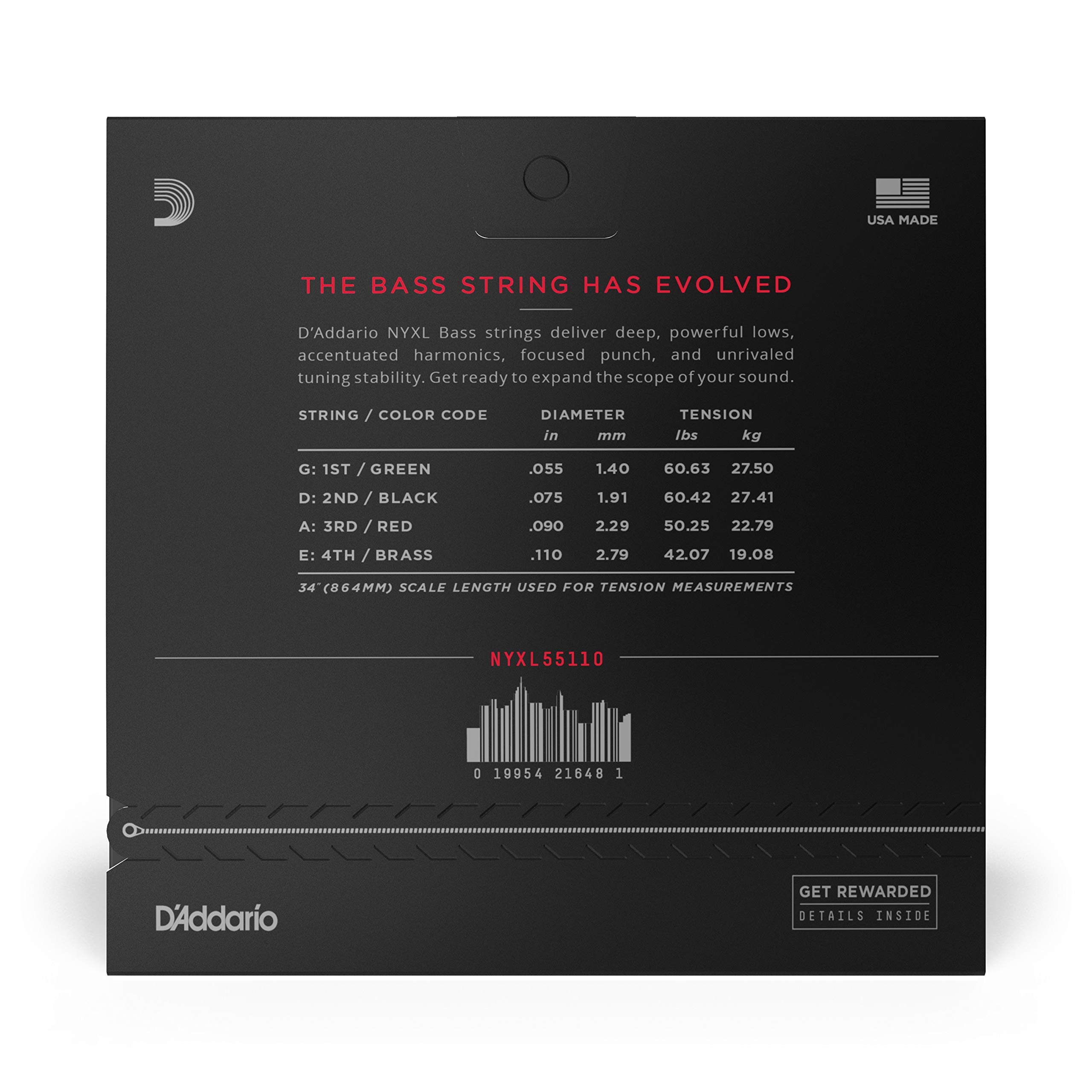 D'Addario Bass Guitar Strings - NYXL Bass Strings - NYXL55110 - Unrivaled Strength, Tuning Stability, Enhanced Response - For 4