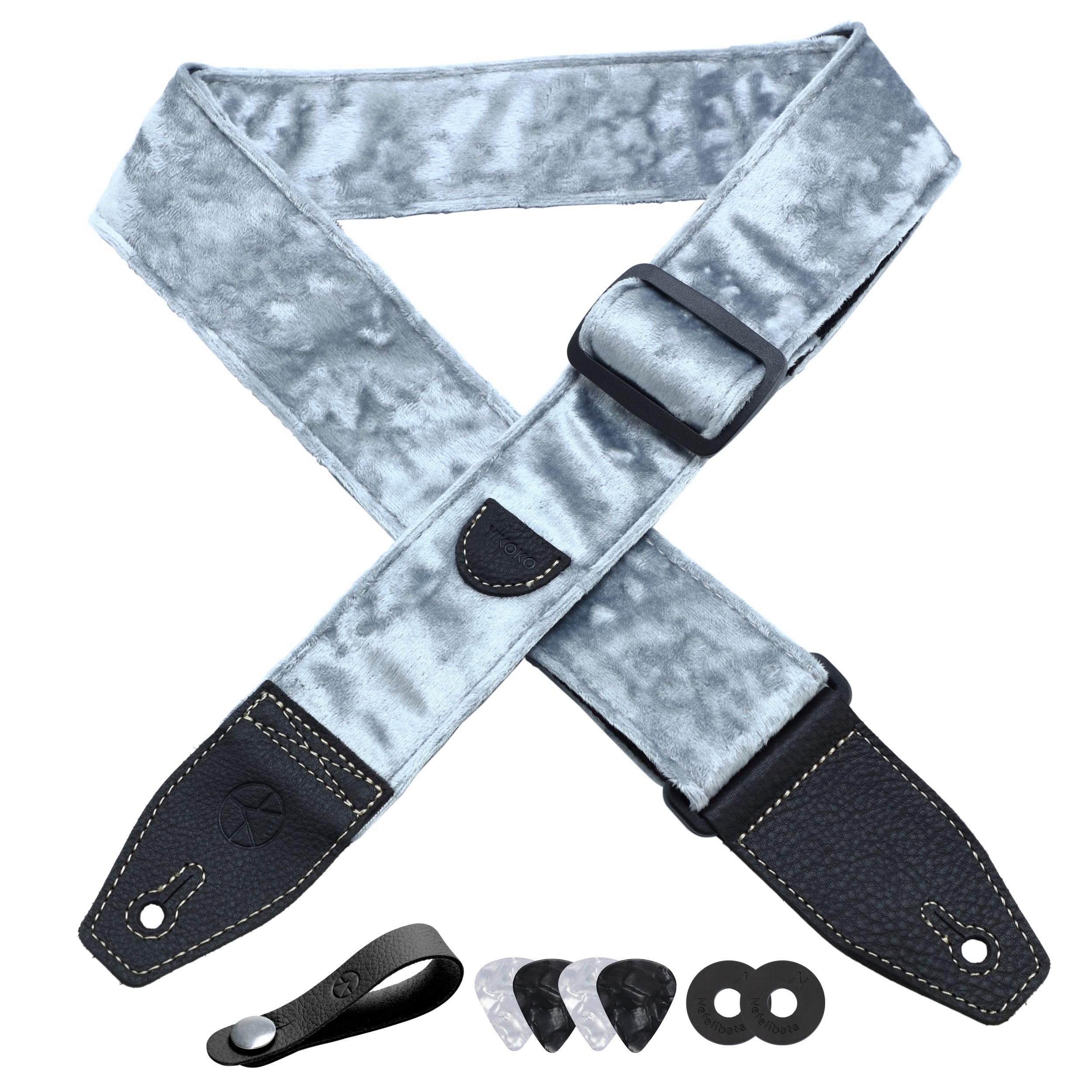 Yikoko Guitar Strap 2 Inch Velvet Guitar Straps With Full Grain Leather End, For Bass Electric And Acoustic Guitars, Free Strap