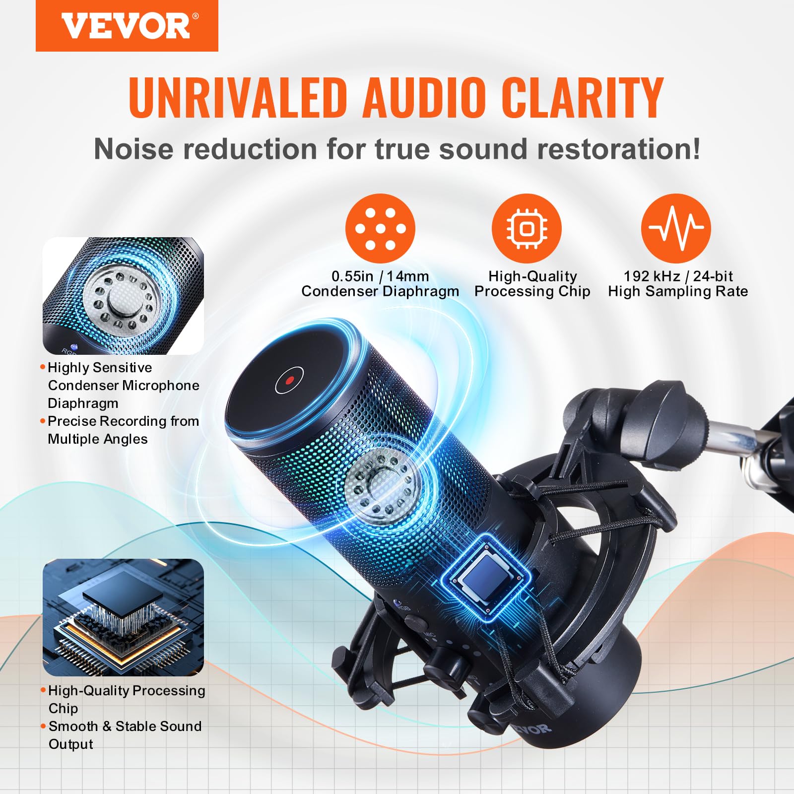 VEVOR USB Microphone, 192 kHz/24-bit, Professional Condenser Microphone Kit with Boom Arm Stand Pop Filter Shock Mount, 11 RGB L