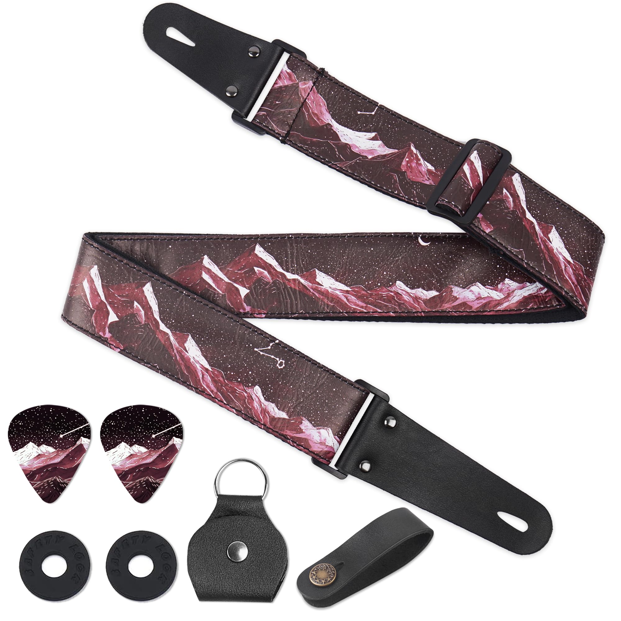 Qielizi Adjustable Guitar Strap Includes 2 Strap Locks & 2 Matching Picks & 1 Picks Holder & 1 Leather Strap Button.Leather Ends