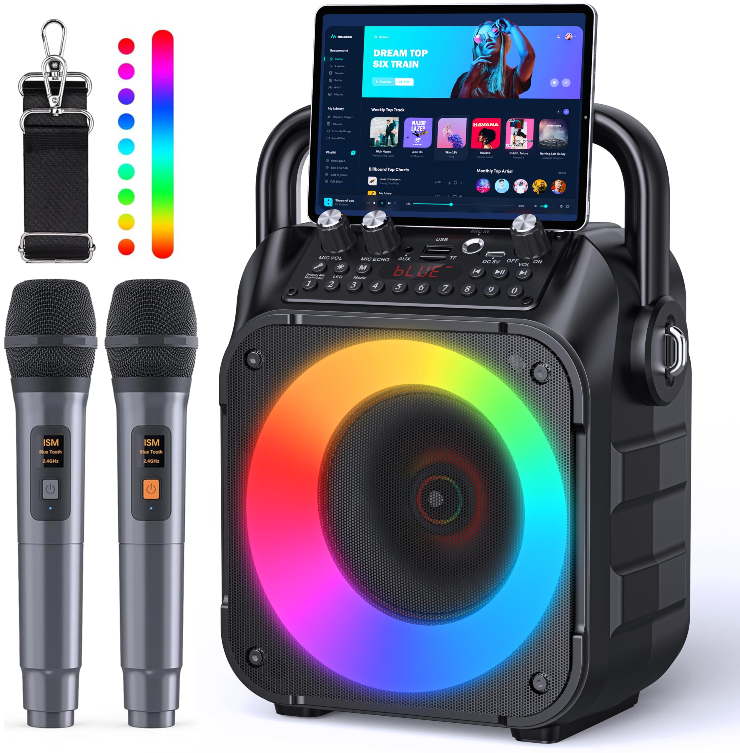 Karaoke Machine, Portable Bluetooth Speaker With 2 Wireless Microphones For Adults & Kids With Lights, Karaoke Microphone With P
