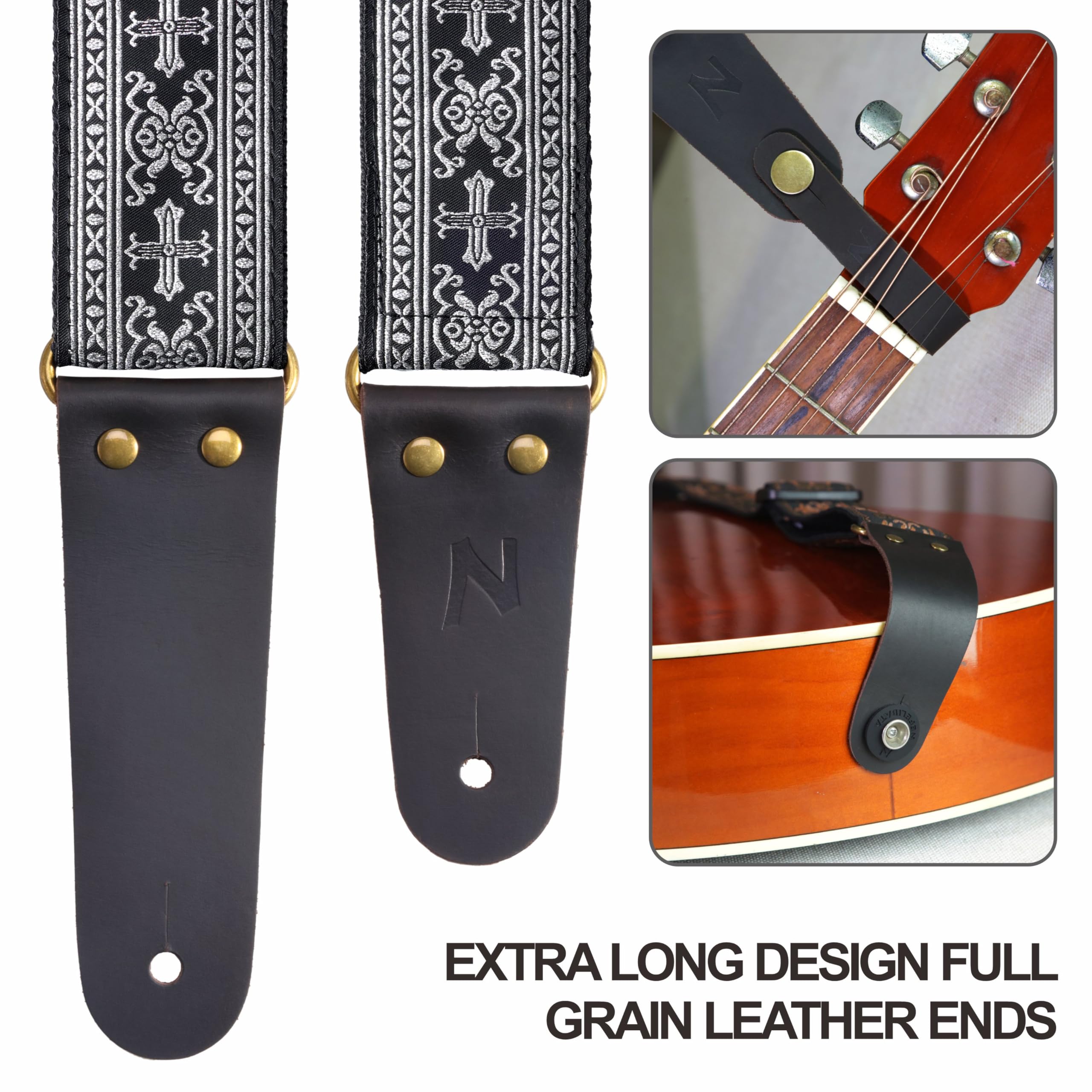 Nefelibata Guitar Strap, 2'' Cotton Embroidery Guitar Straps, Full Grain Leather Ends with Hidden Pocket, for Bass, Electric and