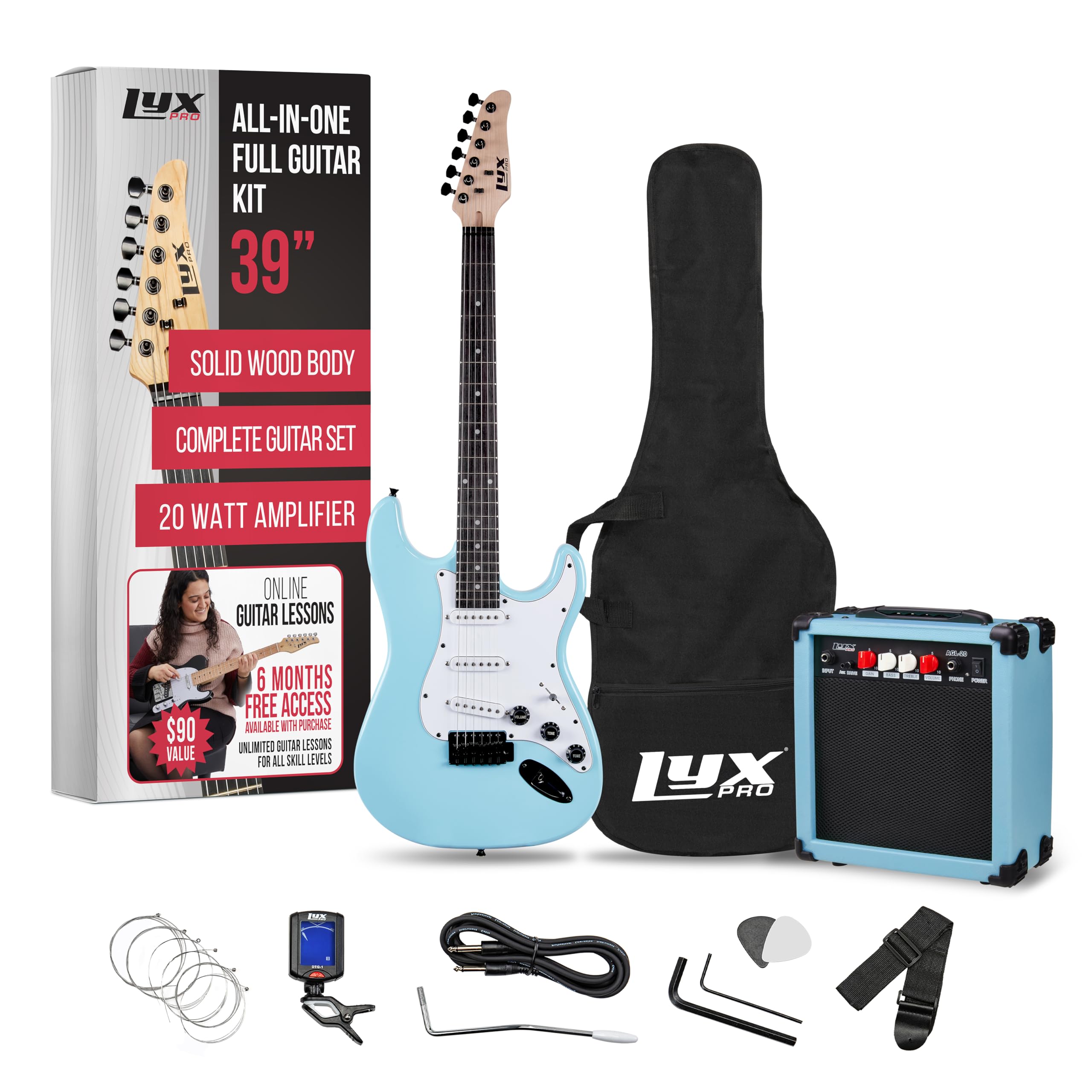 Lyxpro 39 Inch Electric Guitar Kit Bundle With 20W Amplifier, All Accessories, Digital Clip On Tuner, Six Strings, Two Picks, Tr