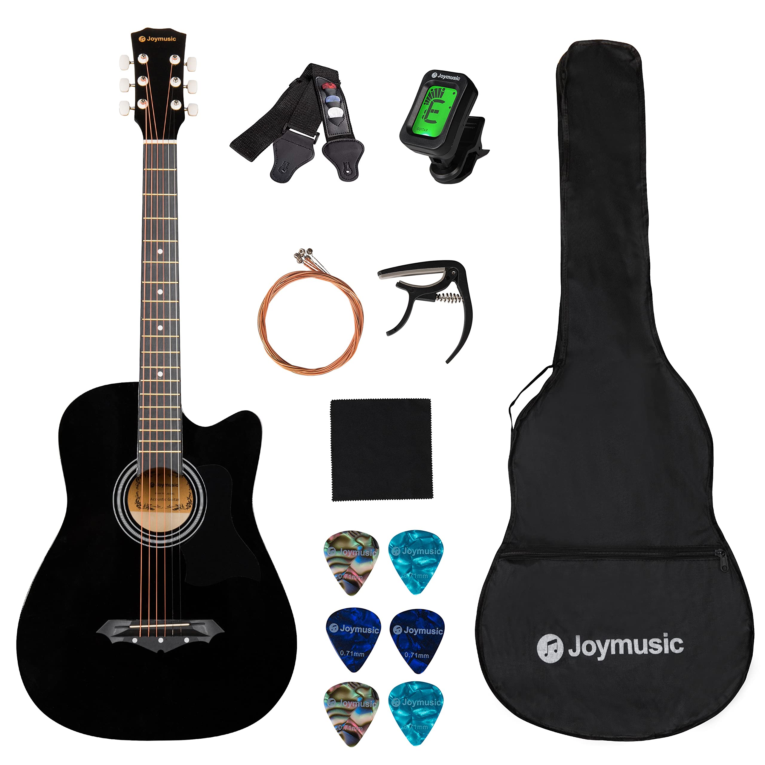 Joymusic 38 inch black beginner acoustic guitar,bundle with a strap with picks holder,digital tuner, set strings, capo,cleaning 