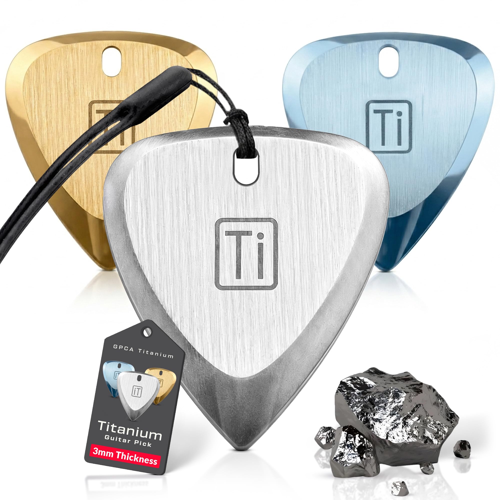 GPCA Titanium Guitar Pick, 3mm Thick Metal Guitar Pick for Guitar, Bass, and Ukulele, comes with Wrist Strap, Must-Have Guitar A