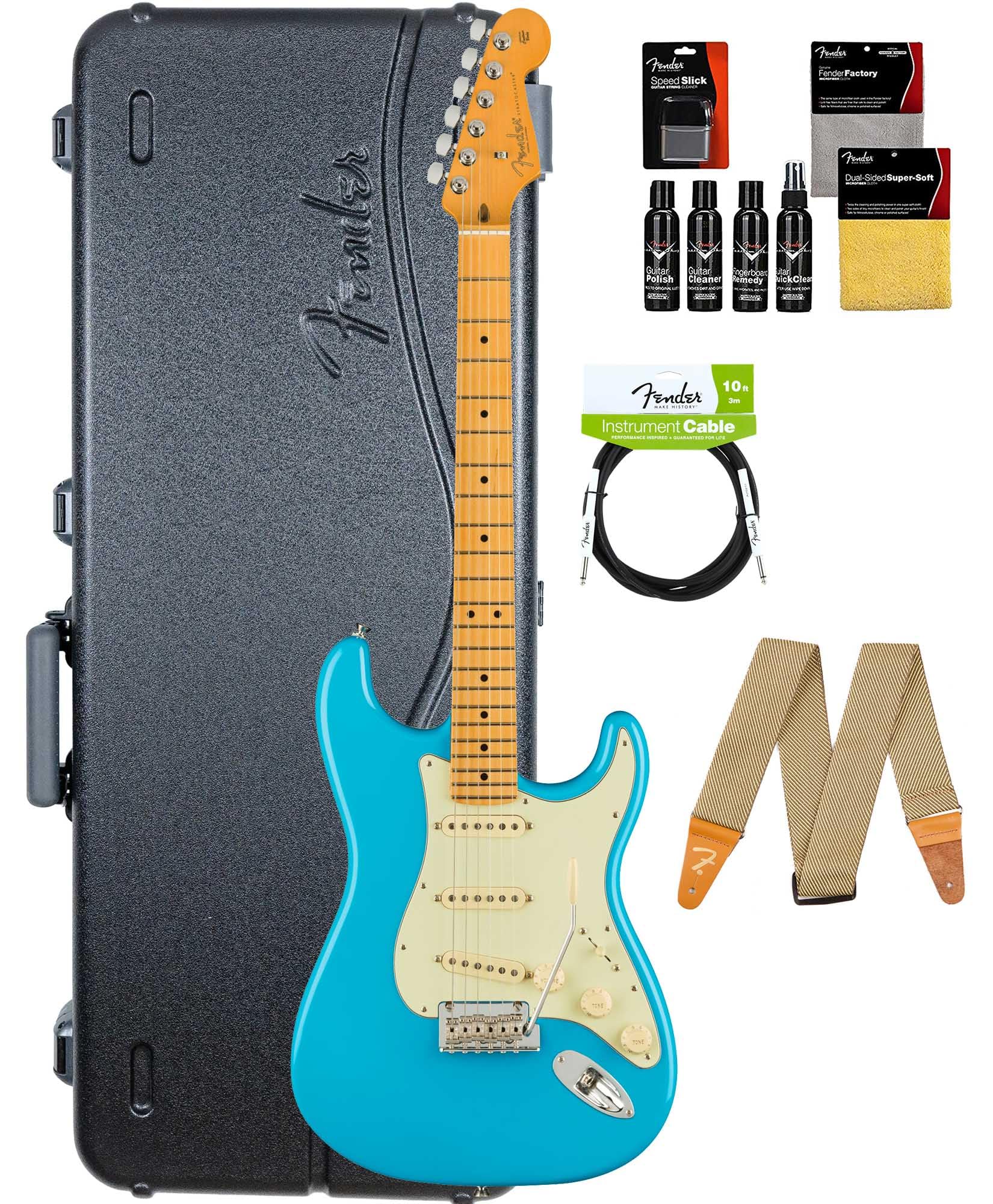 Fender American Professional Ii Stratocaster - Miami Blue Bundle With Case, Strap, Cable, And Guitar Cleaning Kit