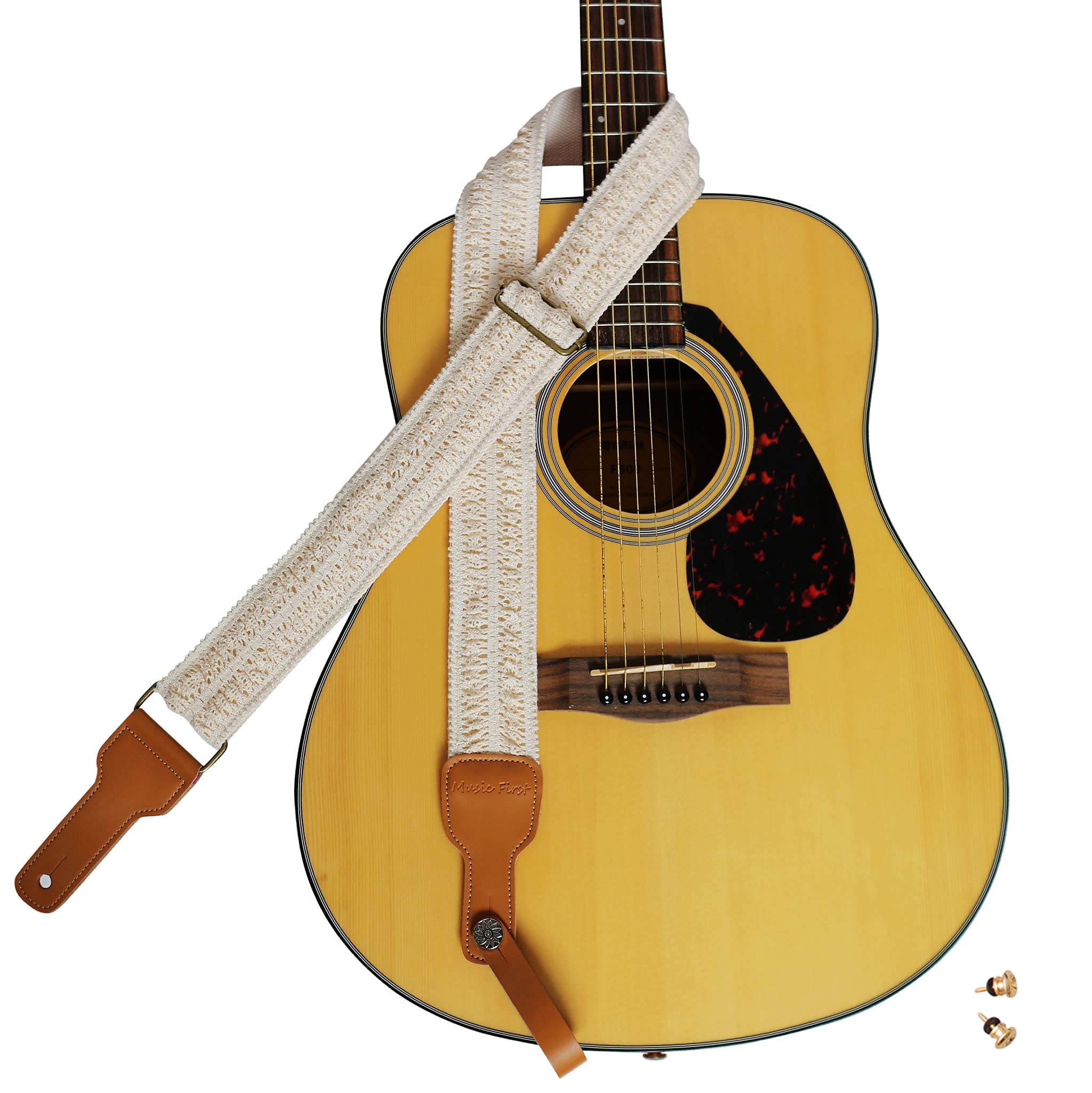 Music First Original Design, 2 Inch Width (5Cm), Cream Graceful & Vintage Lace Soft Lace & Genuine Leather Delux Guitar Strap, E