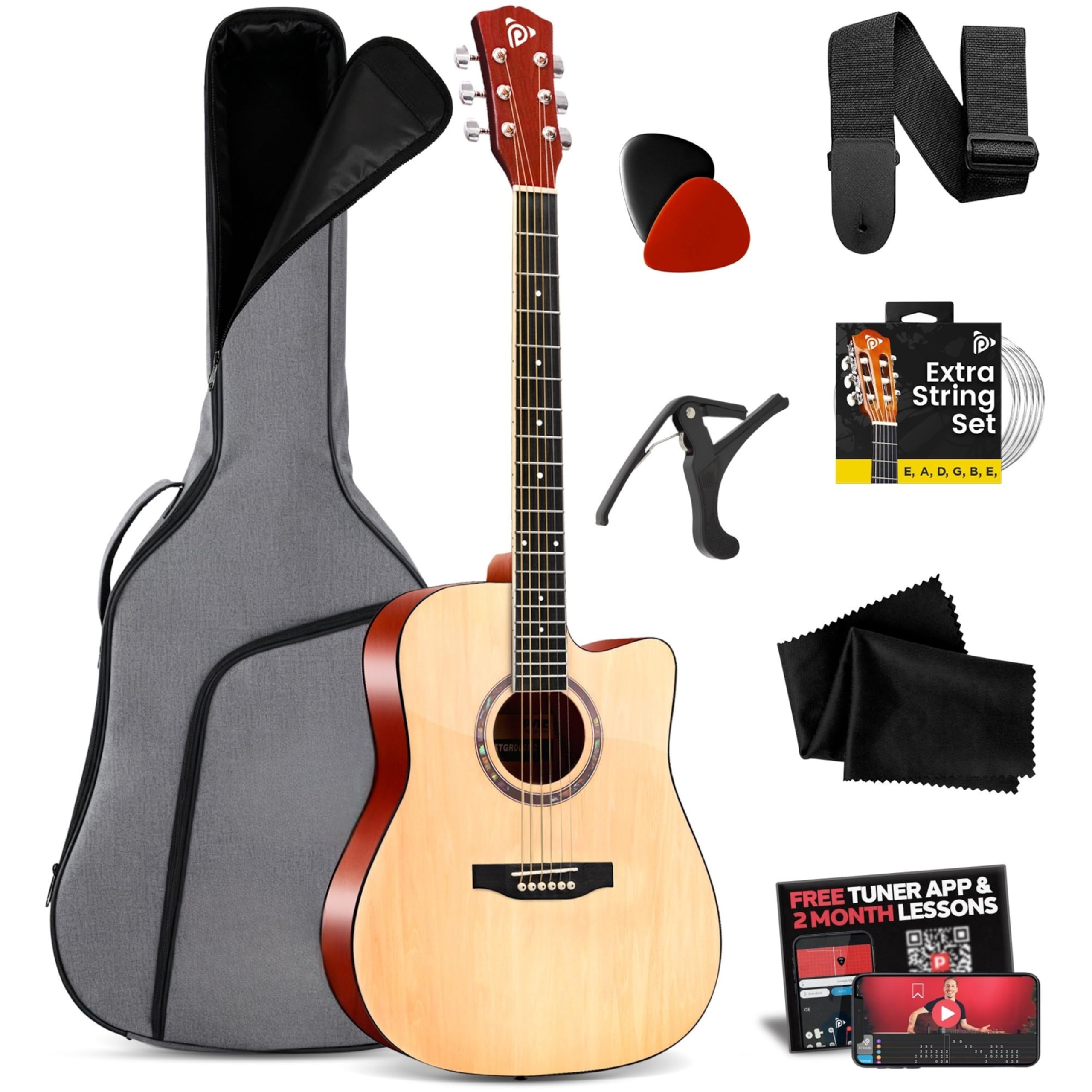 Pyle Full Size Acoustic Guitar Kit, Steel String, Dreadnought Cutaway, with Capo, Upgraded Gig Bag, Digital Tuner, 41 Full Size 
